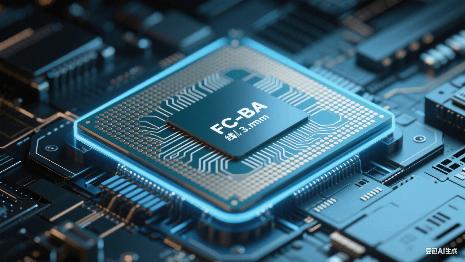 類載板(SLP)高密度互連示意圖,展示 3μm 線寬布線與 FC-BGA 封裝結構,支持 HBM 芯片堆疊集成 類載板(SLP)高密度互連示意圖,展示 3μm 線寬布線與 FC-BGA 封裝結構,支持 HBM 芯片堆疊集成