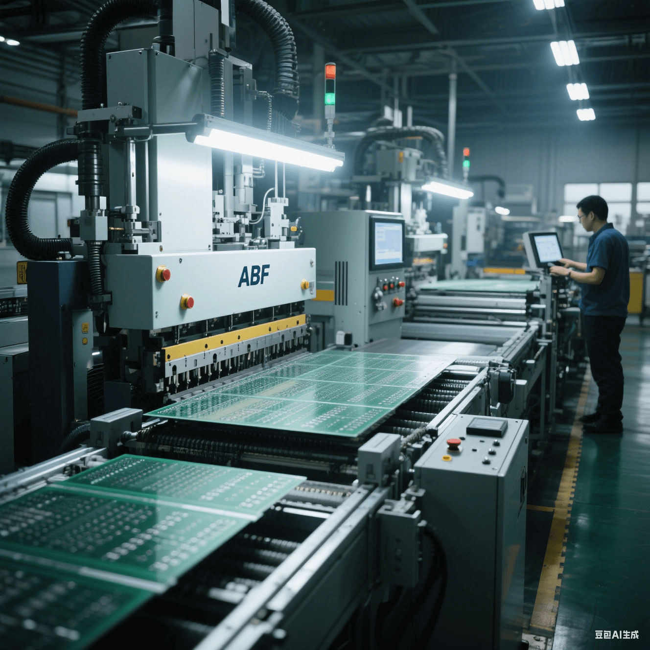 ABF 載板量產流水線實拍，呈現 mSAP 工藝壓合與激光鉆孔工序，工人監控設備運行，體現高多層基板制造流程。
