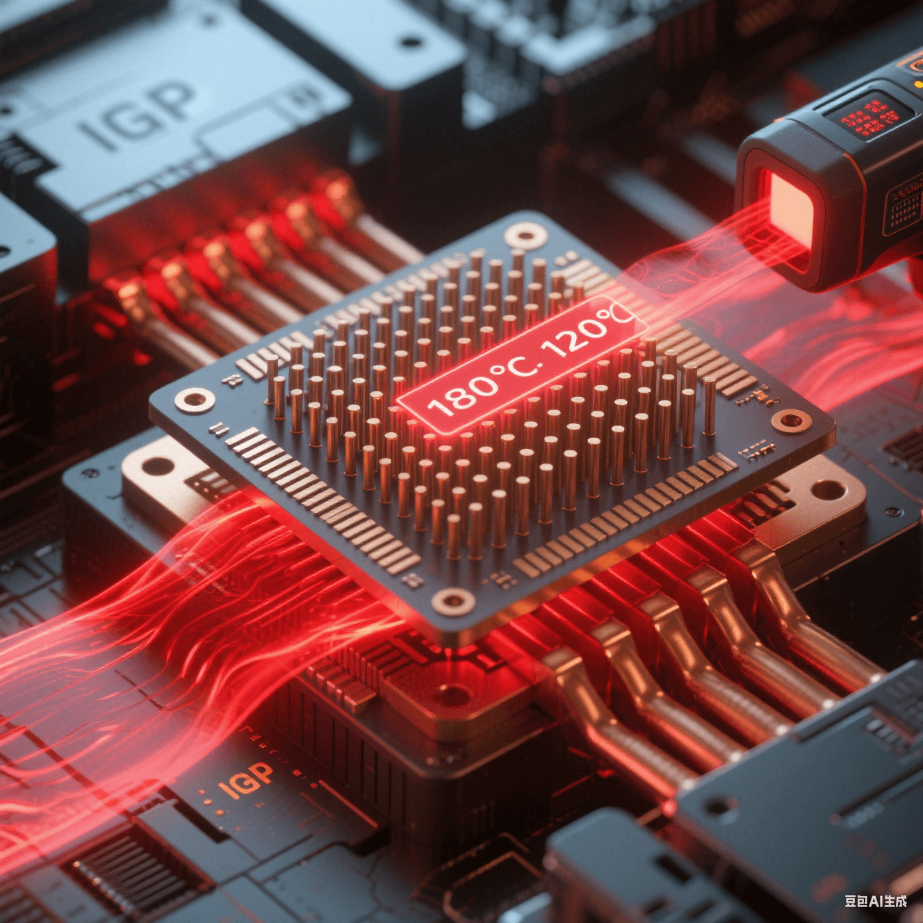 碳化硅微柱陣列嵌入銅熱沉，紅色熱流穿過柱體擴散