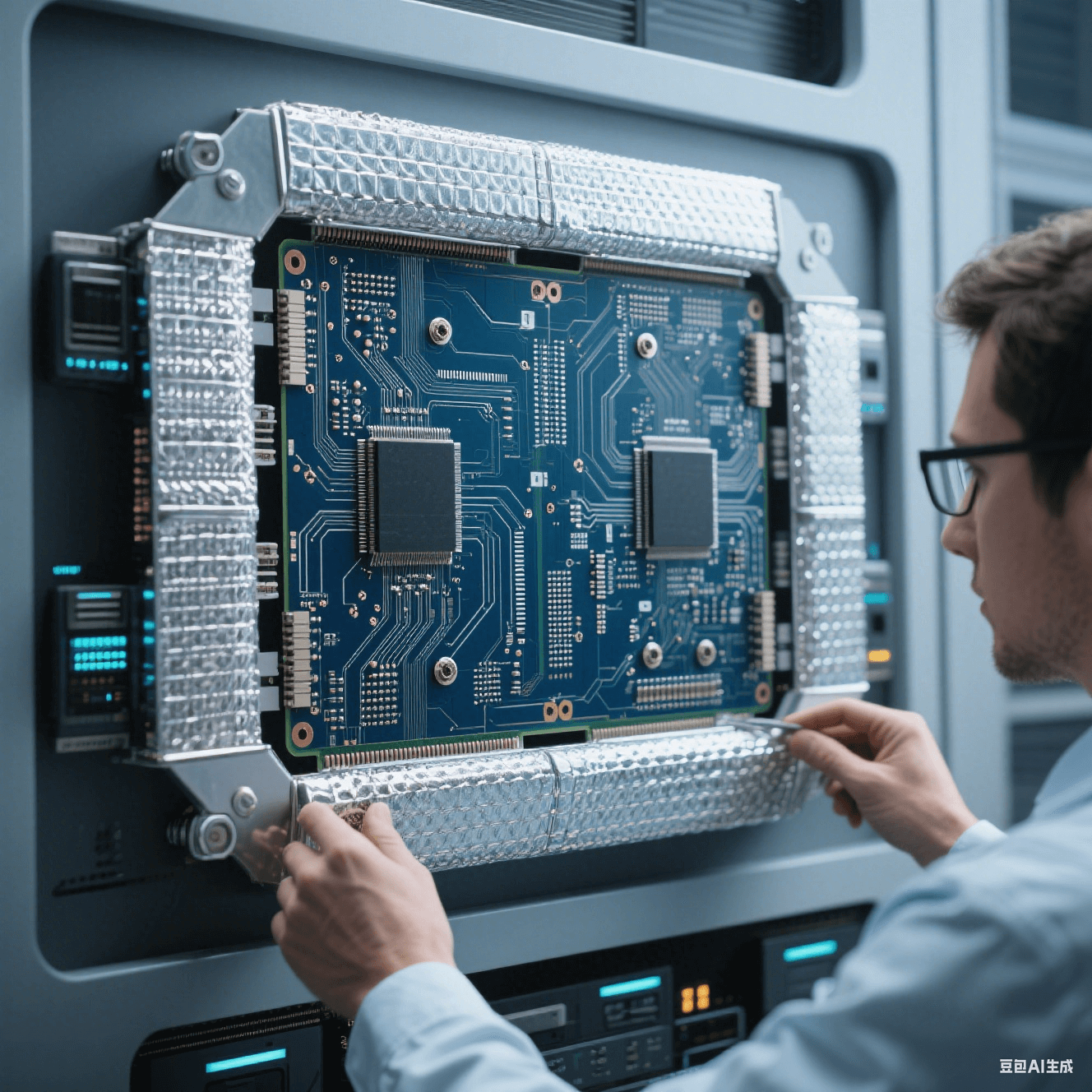 子計算高速電路板運用雙屏蔽層設計優化信號完整性，工程師檢查屏蔽層安裝情況