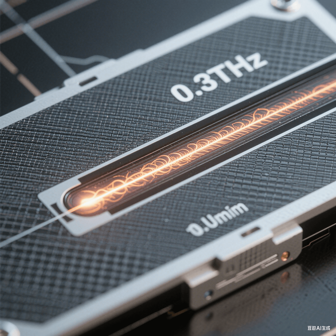 納米級太赫茲波導：石墨烯基板刻蝕1μm導波槽，電磁粒子流沿槽道傳輸，背景頻率標注0.3THz