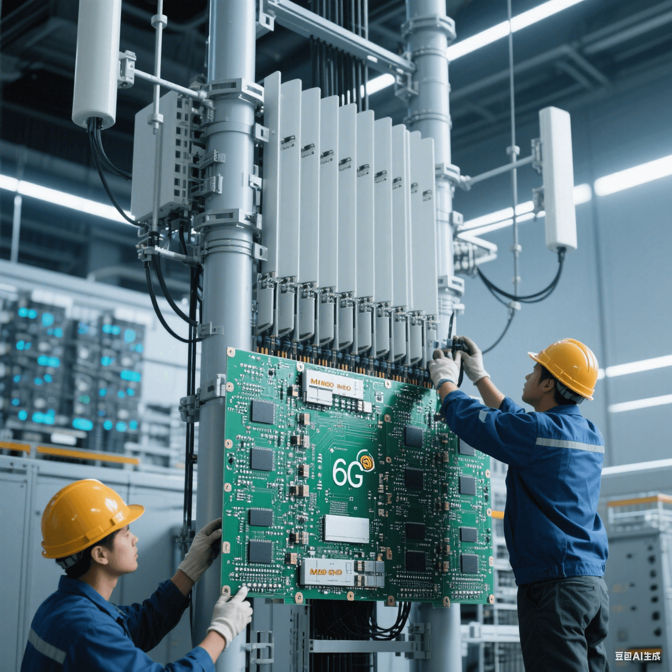 6G 基站中，超大規(guī)模 MIMO 天線與高速電路板集成，工人進行安裝調試