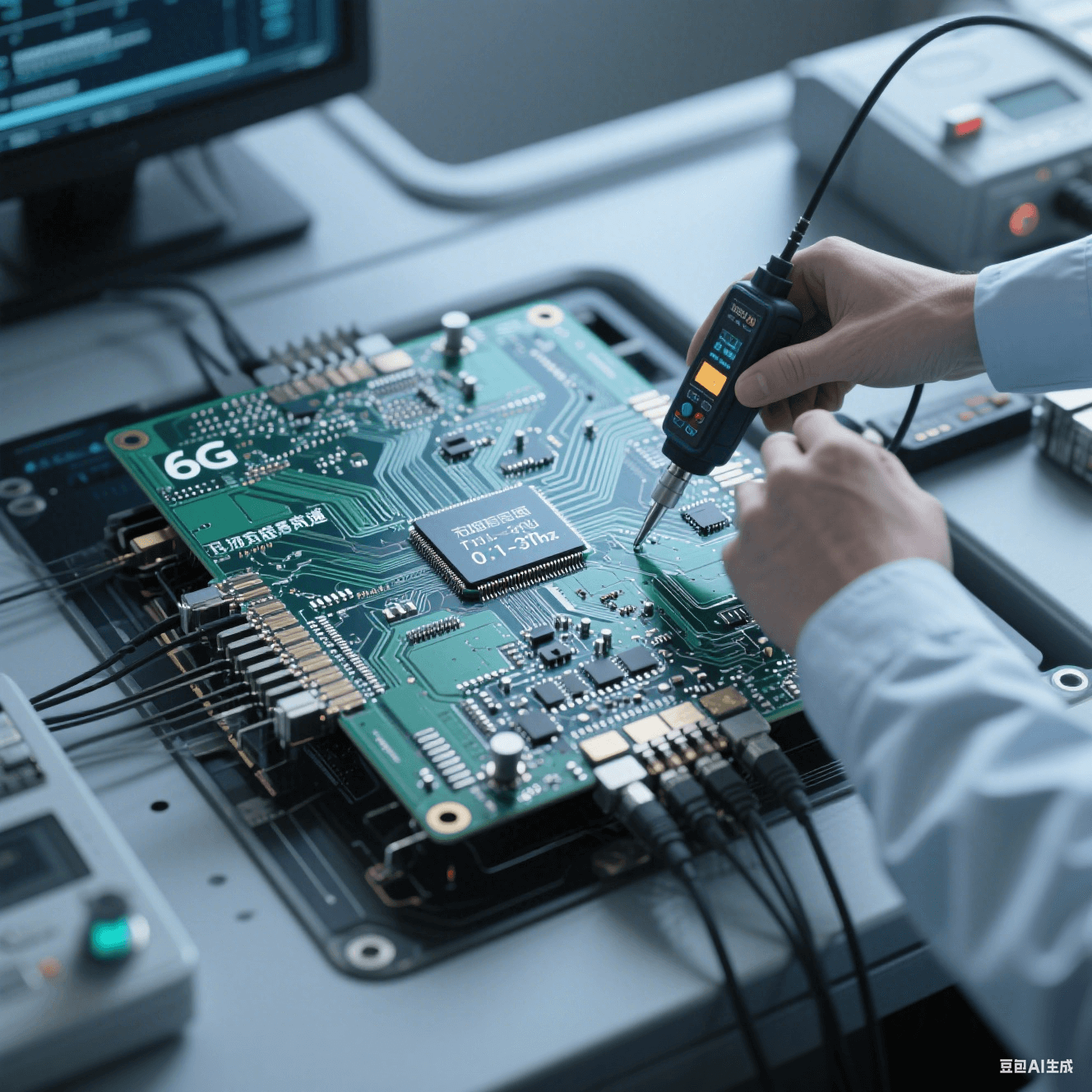 6G 通信高速電路板在太赫茲頻段（0.1 - 3THz）測試環(huán)境，工程師用儀器檢測阻抗控制和串擾抑制情況