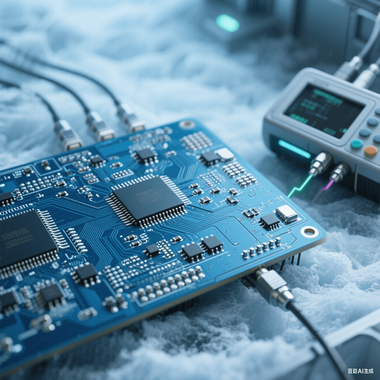 量子計算高速電路板在低溫測試環境，銦基焊料使焊點保持良好連接，旁邊儀器檢測信號完整性