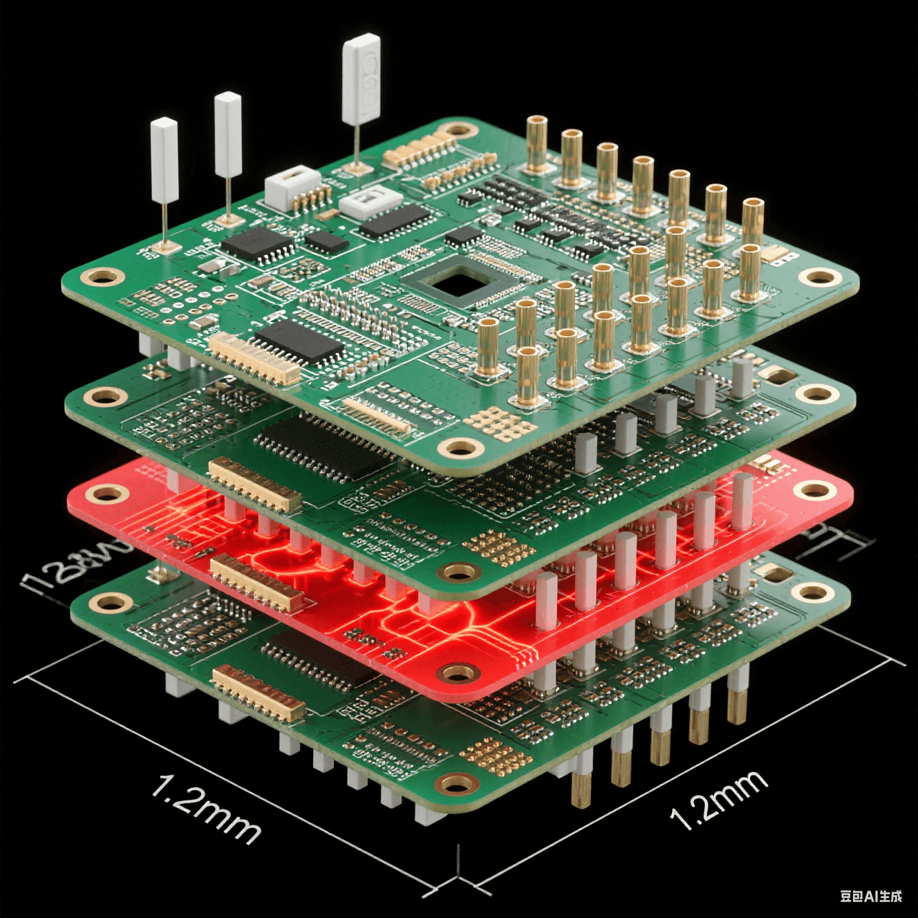 128通道天線板爆炸視圖：射頻層/電源層/信號層堆疊結構，熱通孔陣列散發紅色熱流