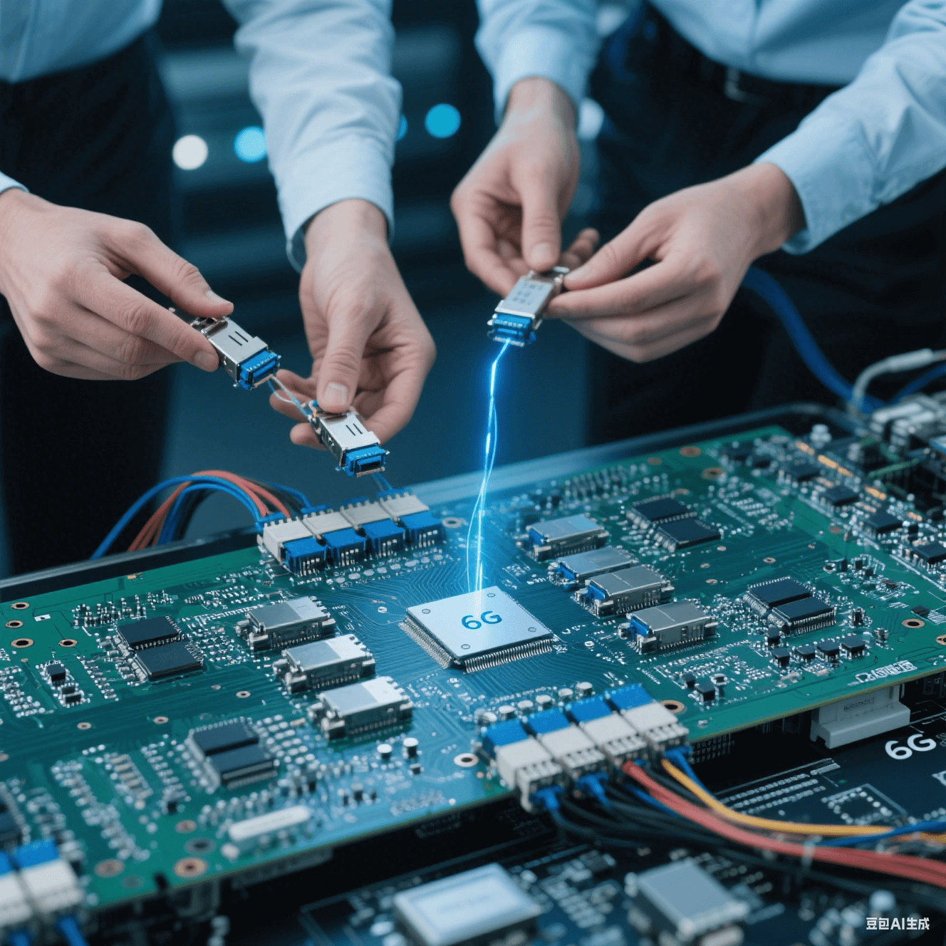 6G 通信高速電路板與硅光模塊互連，技術人員檢查連接情況和信號傳輸效果。