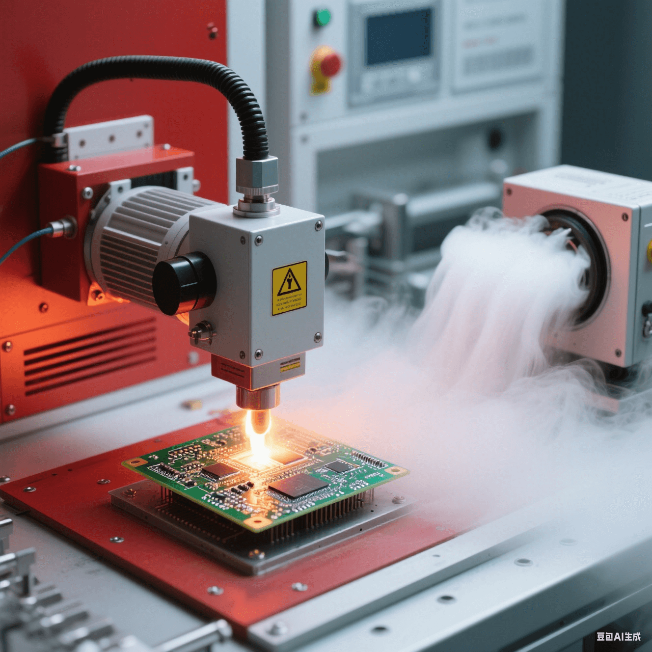 高溫測試實驗室中加熱設備對 PCB 板進行測試，冷卻裝置散發白色霧氣