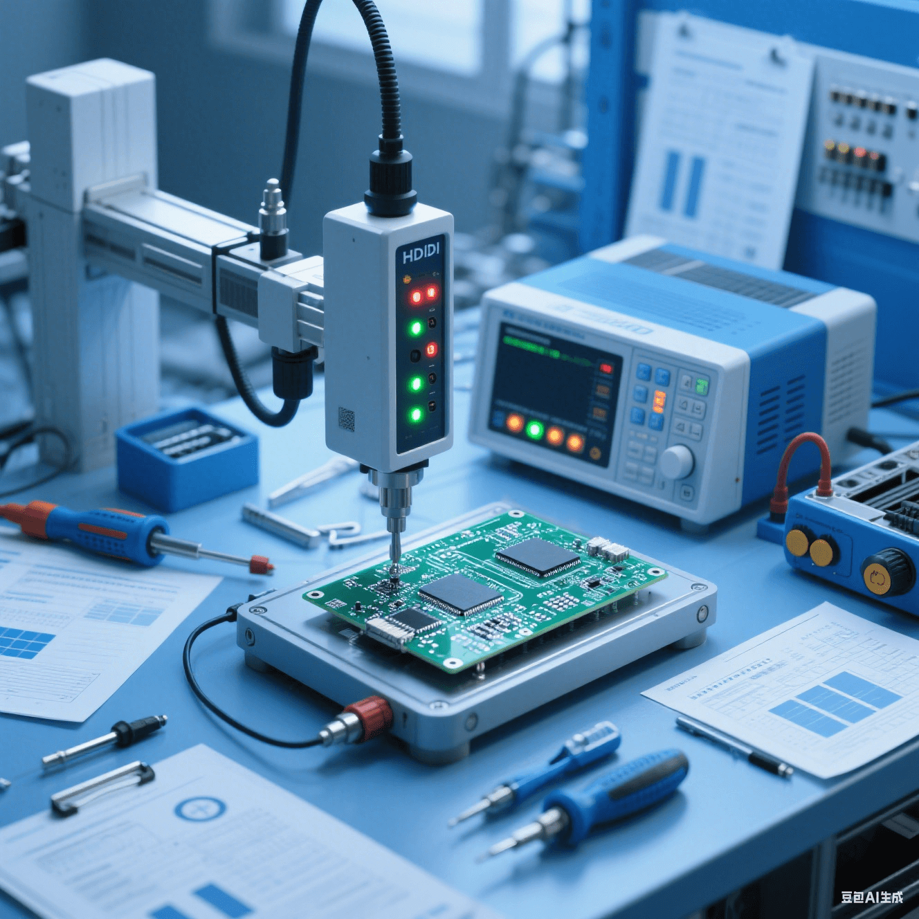 汽車電子測試車間內測試儀器對 HDI 板進行性能測試，儀器指示燈閃爍，周圍擺放測試工具與報告