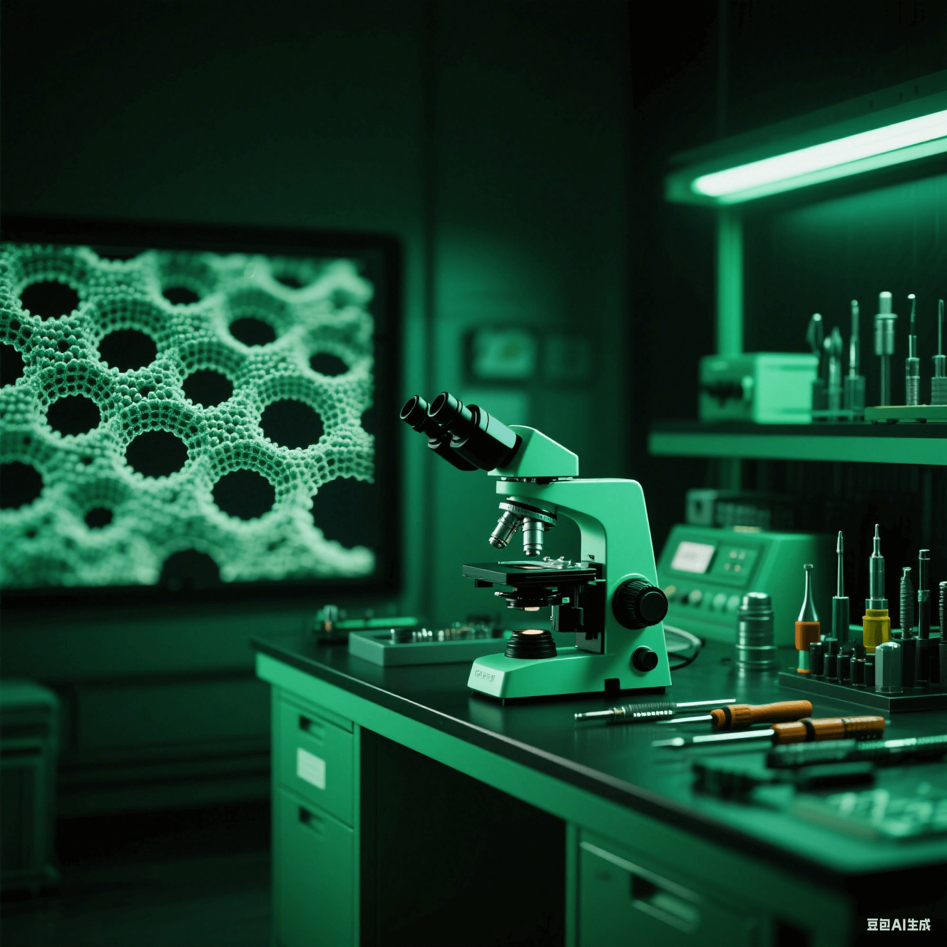 納米級(jí)加工技術(shù)實(shí)驗(yàn)室中電子顯微鏡顯示納米微孔結(jié)構(gòu),操作臺(tái)擺放納米加工工具 納米級(jí)加工技術(shù)實(shí)驗(yàn)室中電子顯微鏡顯示納米微孔結(jié)構(gòu),操作臺(tái)擺放納米加工工具