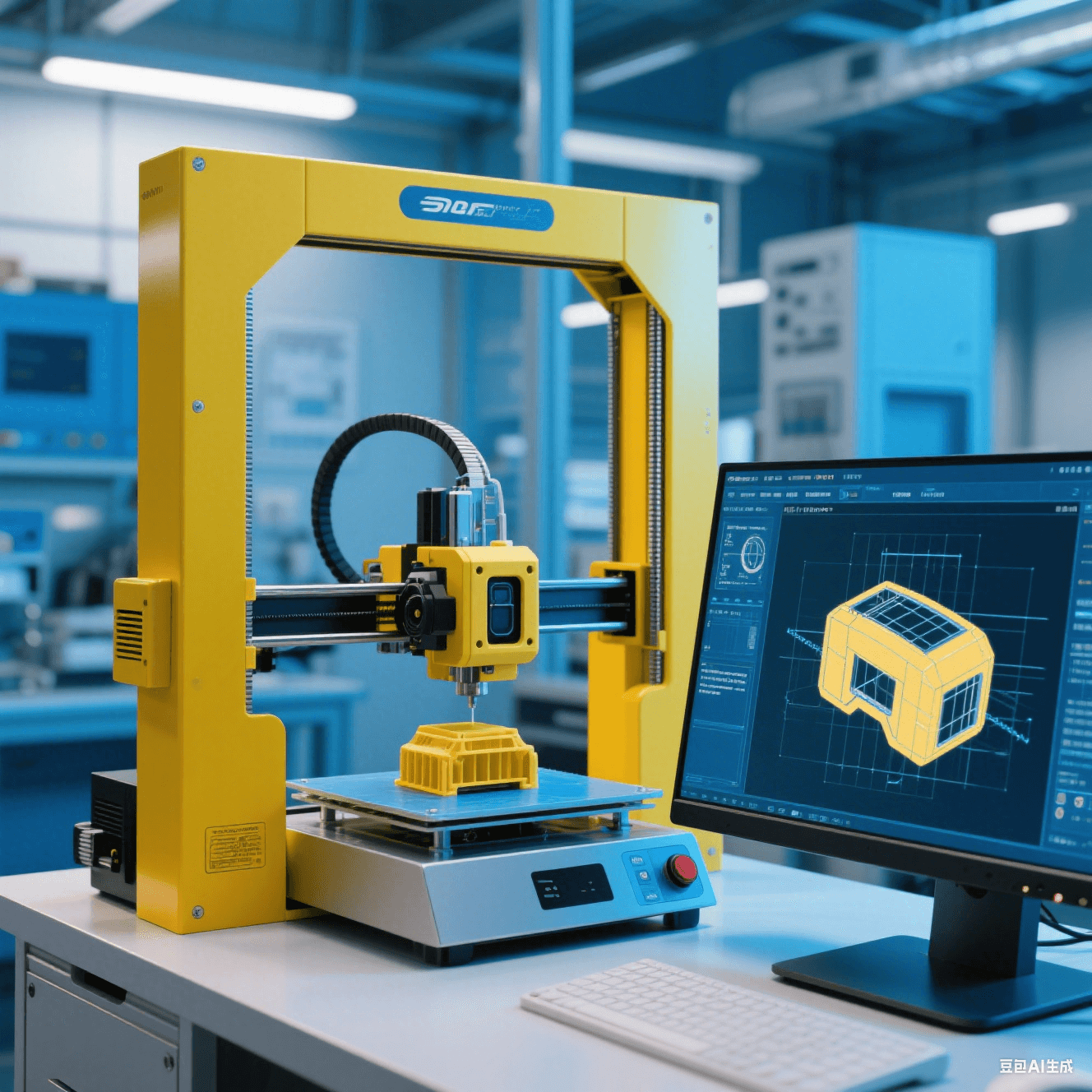 智能駕駛傳感器實驗室中 3D 打印機打印傳感器外殼模型，電腦屏幕顯示設計圖紙