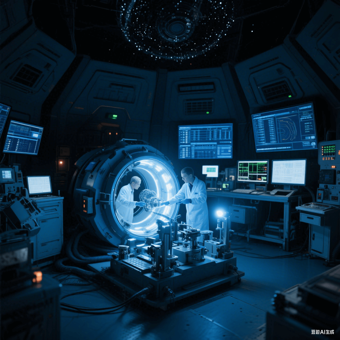 太空環(huán)境模擬實(shí)驗(yàn)室中科研人員模擬微重力下的微孔加工,實(shí)驗(yàn)艙燈光閃爍 太空環(huán)境模擬實(shí)驗(yàn)室中科研人員模擬微重力下的微孔加工,實(shí)驗(yàn)艙燈光閃爍