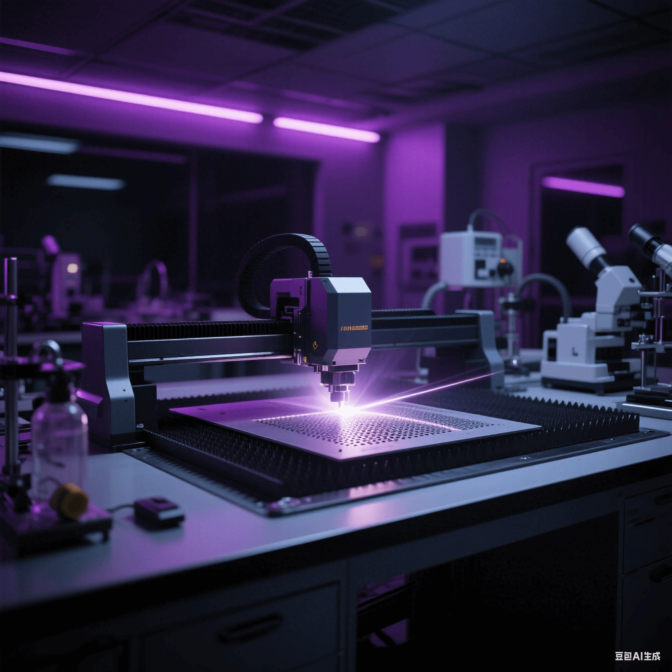 材料實(shí)驗(yàn)室中激光切割設(shè)備對(duì)新型微孔加工材料進(jìn)行切割,切割光線照亮實(shí)驗(yàn)室 材料實(shí)驗(yàn)室中激光切割設(shè)備對(duì)新型微孔加工材料進(jìn)行切割,切割光線照亮實(shí)驗(yàn)室