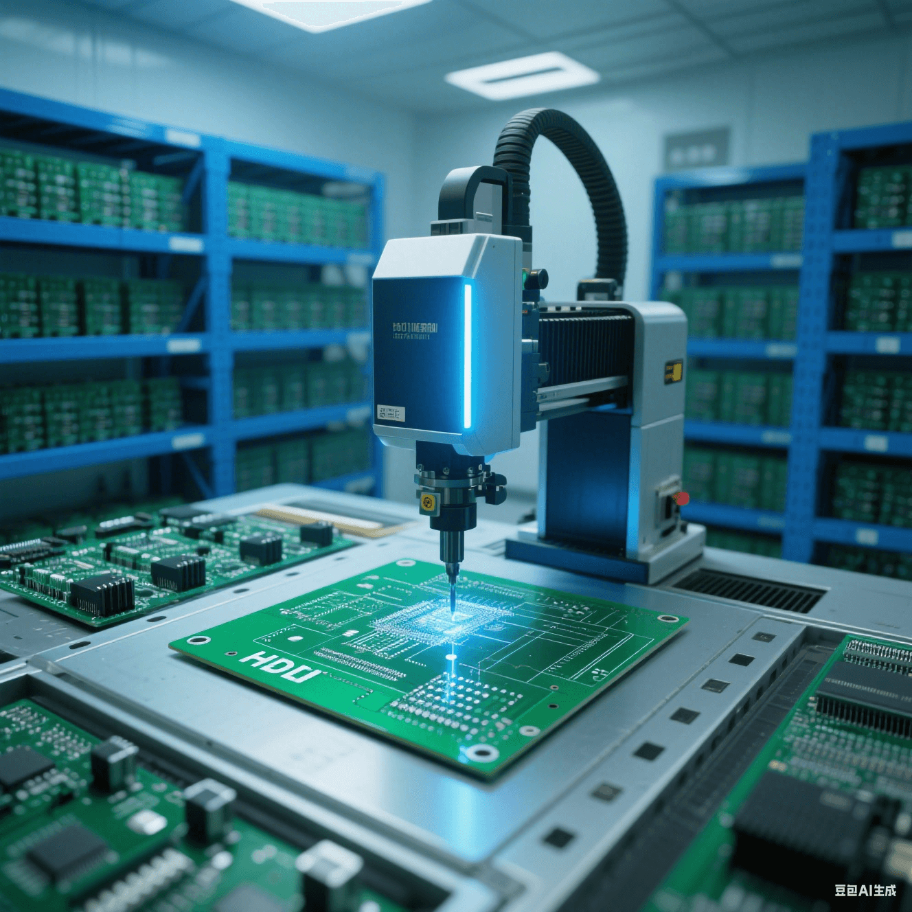 無塵車間內先進的激光鉆孔機正對綠色 HDI 板進行高精度鉆孔，機器發出藍色光束，周圍是整齊的電子元件貨架