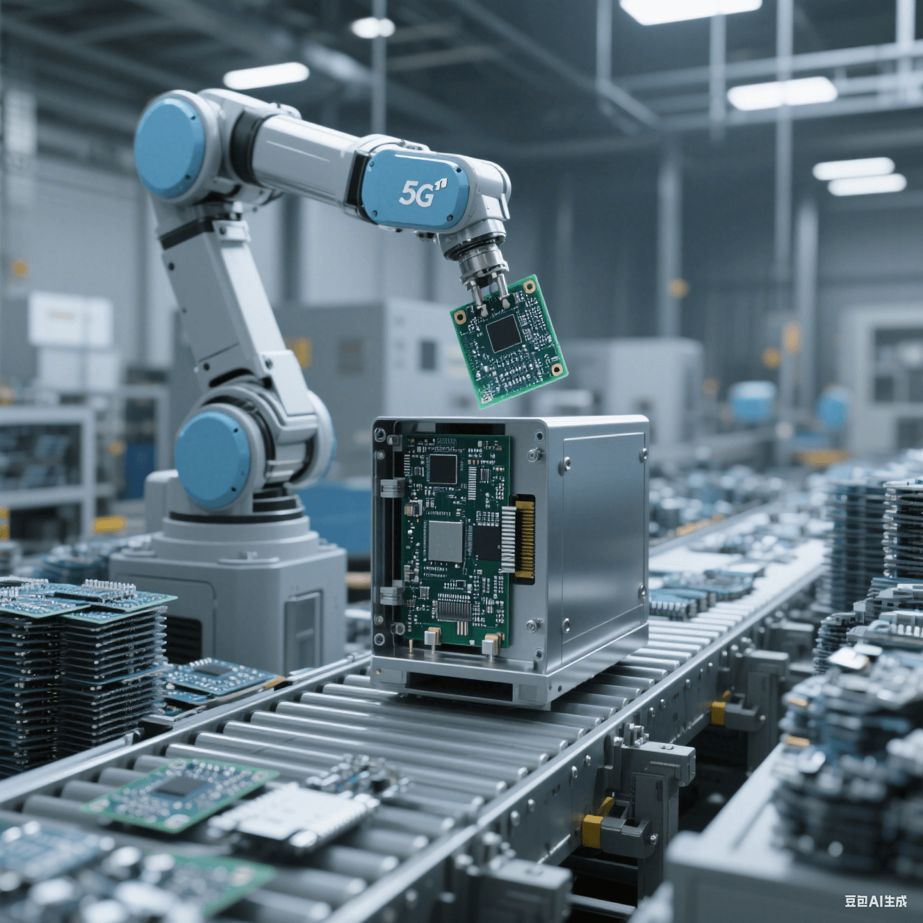 5G 基站組裝車間內機械臂將 PCB 板安裝至金屬外殼，傳送帶堆放待組裝零件
