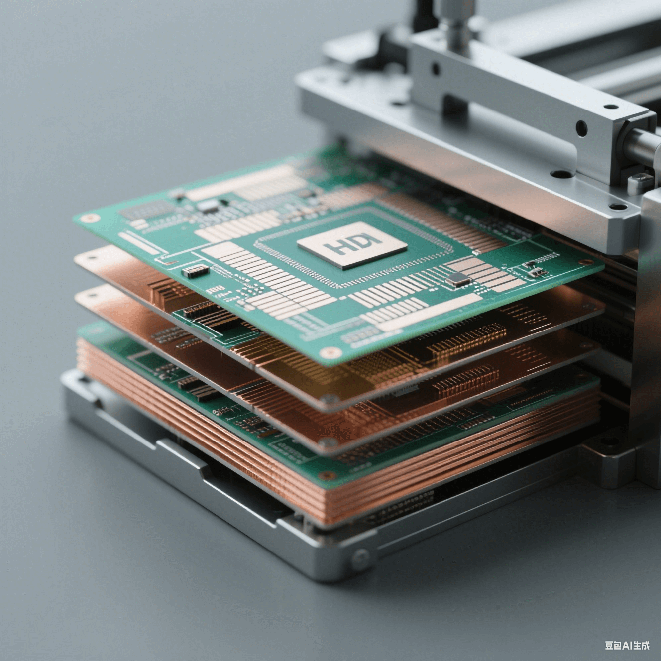 HDI 制造工藝中的積層疊加步驟。 HDI 制造工藝中的積層疊加步驟。