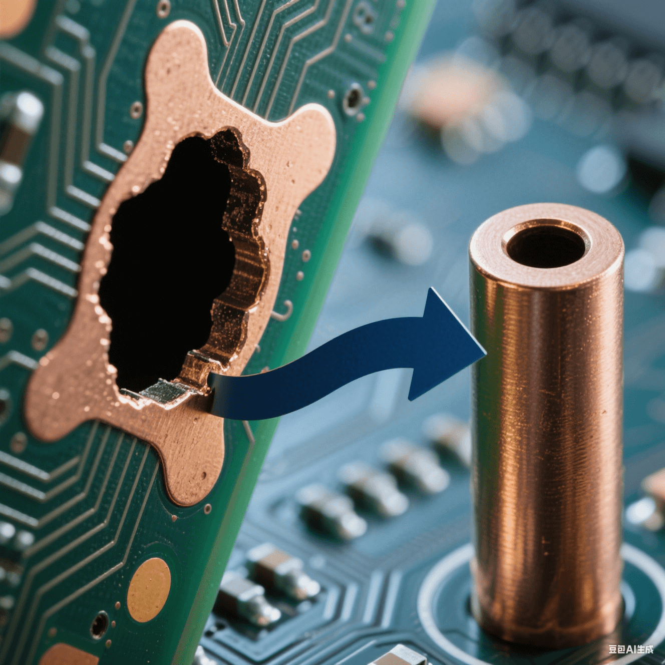 深徑比 101 的 PCB 盲孔顯微特寫,左側(cè)孔口 “狗骨” 凸起與中部空洞缺陷,右側(cè)對比均勻銅填充柱體,深藍(lán)背景中鍍液循環(huán)箭頭呈現(xiàn)孔口堵塞與孔內(nèi)暢通的動態(tài)反差。 深徑比 101 的 PCB 盲孔顯微特寫,左側(cè)孔口 “狗骨” 凸起與中部空洞缺陷,右側(cè)對比均勻銅填充柱體,深藍(lán)背景中鍍液循環(huán)箭頭呈現(xiàn)孔口堵塞與孔內(nèi)暢通的動態(tài)反差。