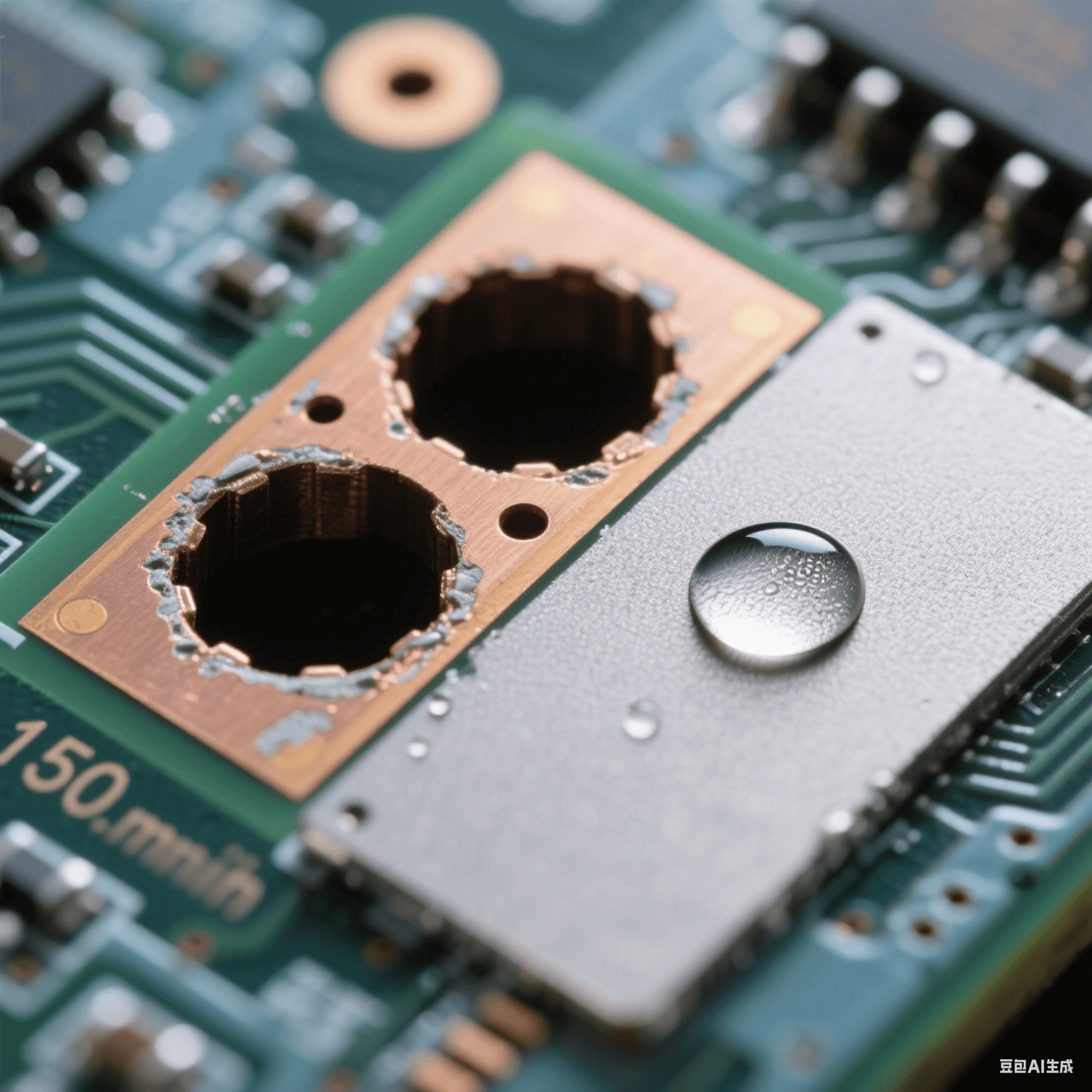 150μm 微孔橫截面顯微攝影:左側(cè)孔壁殘留環(huán)氧樹脂暗斑,右側(cè)清潔后呈現(xiàn)均勻磨砂微蝕表面,對比 85° 水滴與 30° 鋪展水膜的接觸角差異,電路板背景景深虛化 150μm 微孔橫截面顯微攝影:左側(cè)孔壁殘留環(huán)氧樹脂暗斑,右側(cè)清潔后呈現(xiàn)均勻磨砂微蝕表面,對比 85° 水滴與 30° 鋪展水膜的接觸角差異,電路板背景景深虛化