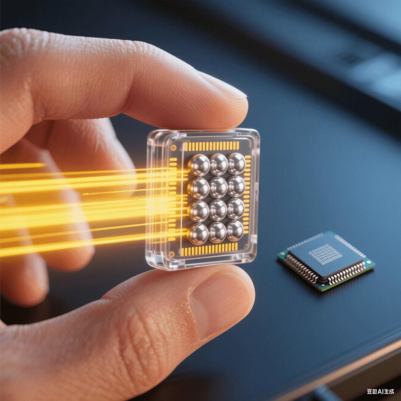 微型存儲芯片應(yīng)用：人手捏持透明封裝的BGA芯片，顯露內(nèi)部焊球陣列，黃色光束象征高速數(shù)據(jù)傳輸，與傳統(tǒng)芯片尺寸對比