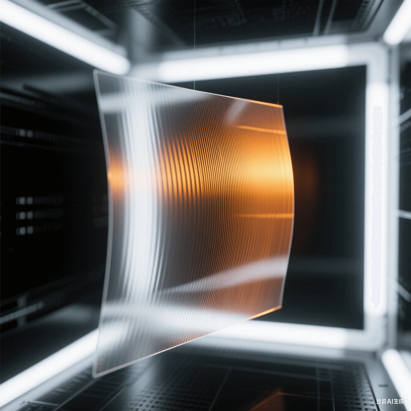 透明PI膜懸浮于冷白光真空腔,150℃/250℃溫階折射出橙/金雙色干涉條紋,殘余應力消散軌跡具象化為偏振光柵變形 透明PI膜懸浮于冷白光真空腔,150℃/250℃溫階折射出橙/金雙色干涉條紋,殘余應力消散軌跡具象化為偏振光柵變形