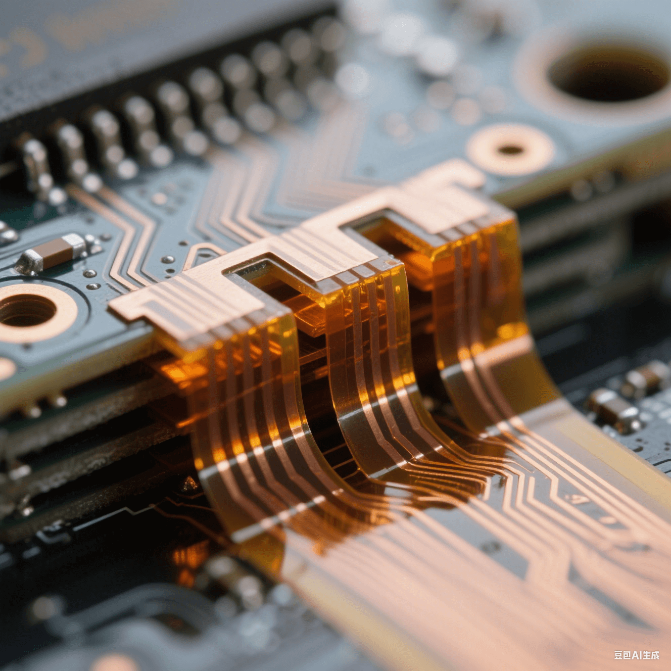 微距攝影：超薄聚酰亞胺薄膜與銅箔交錯疊加的橫截面，琥珀色半固化膠層如琥珀包裹電路，金屬光澤與啞光基材形成材質對比