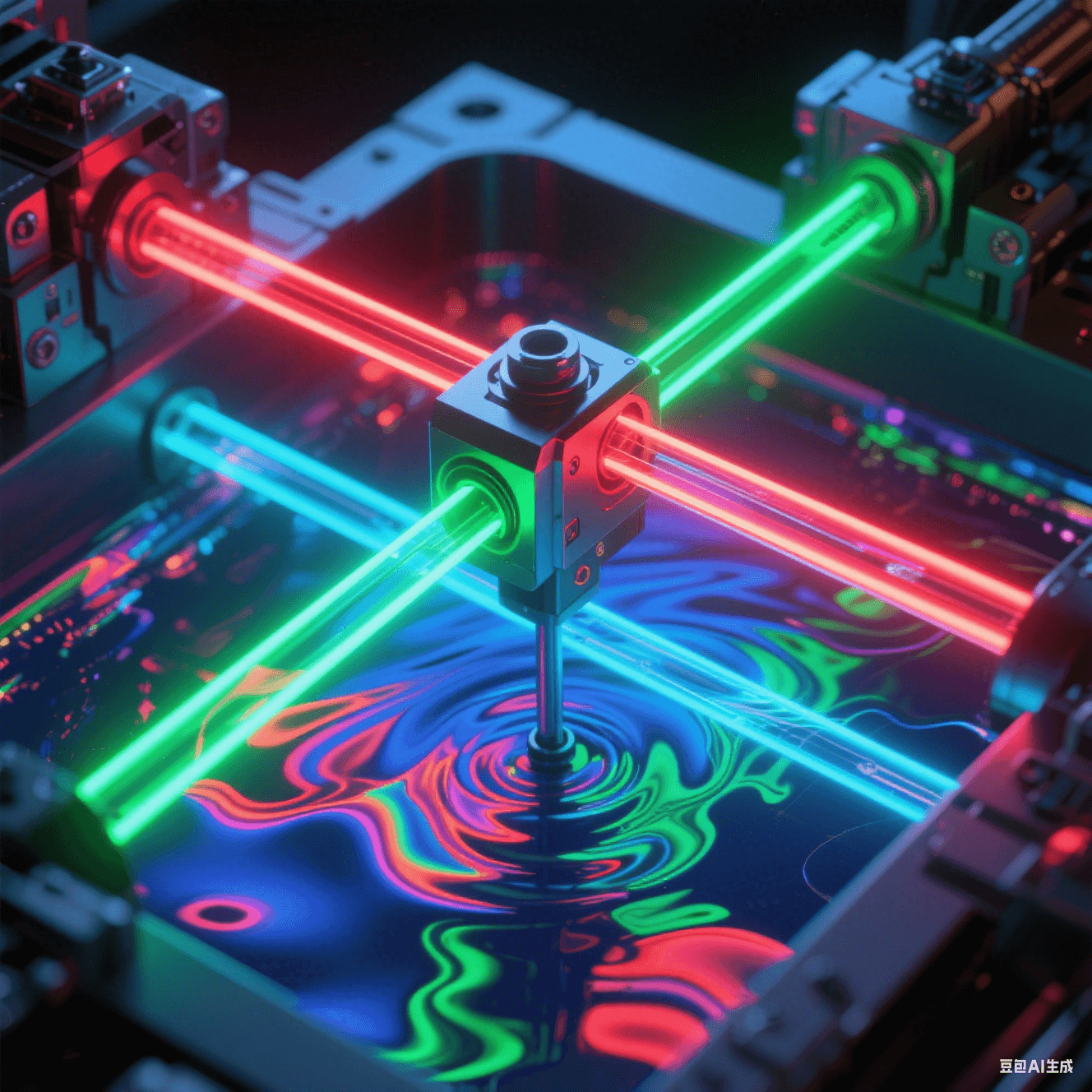 紅/綠/藍三色光軌沿XYZ軸規律脈動,電解液在透明電鍍槽內形成非牛頓流體波紋,濃度梯度折射虹彩光暈 紅/綠/藍三色光軌沿XYZ軸規律脈動,電解液在透明電鍍槽內形成非牛頓流體波紋,濃度梯度折射虹彩光暈