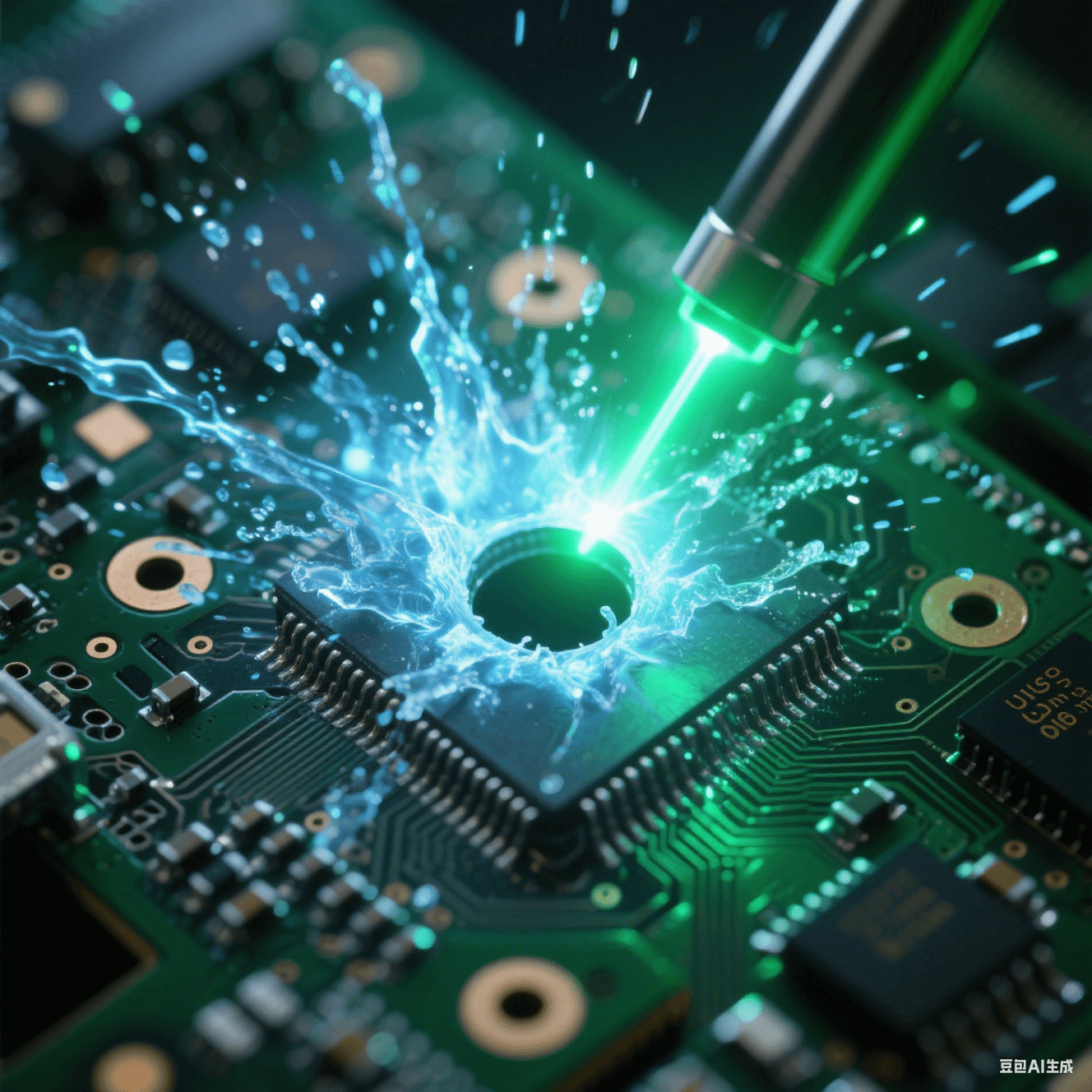 532nm綠激光脈沖穿透電路板瞬間,等離子體藍光從0.1mm孔內爆發,熱影響區控制在3μm內的冰凍特效 532nm綠激光脈沖穿透電路板瞬間,等離子體藍光從0.1mm孔內爆發,熱影響區控制在3μm內的冰凍特效