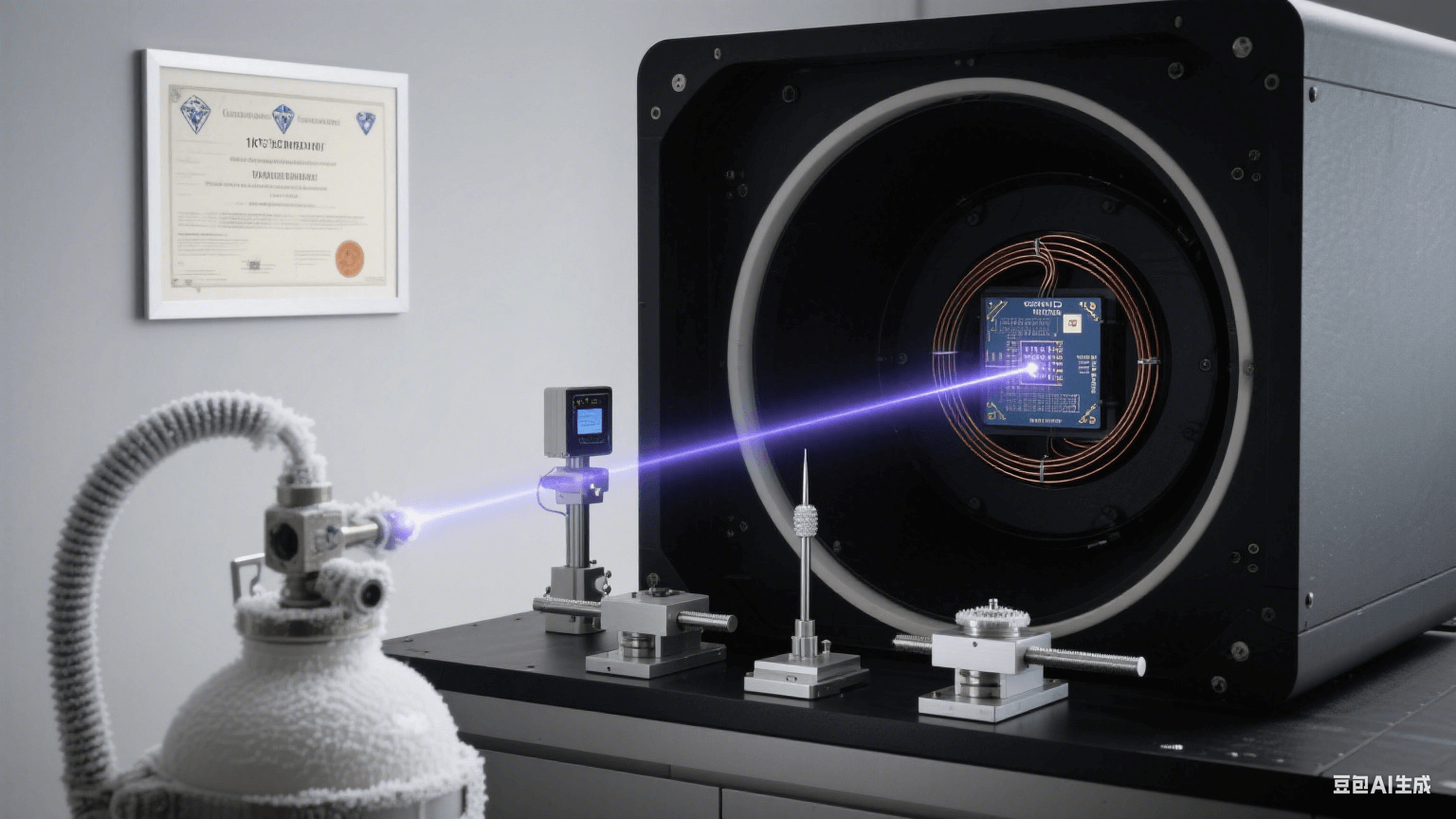 超導(dǎo)量子測試系統(tǒng):液氦杜瓦瓶連接真空腔,超導(dǎo)線圈激發(fā)量子比特糾纏光軌,納米位移臺探針掃描芯片信號 超導(dǎo)量子測試系統(tǒng):液氦杜瓦瓶連接真空腔,超導(dǎo)線圈激發(fā)量子比特糾纏光軌,納米位移臺探針掃描芯片信號