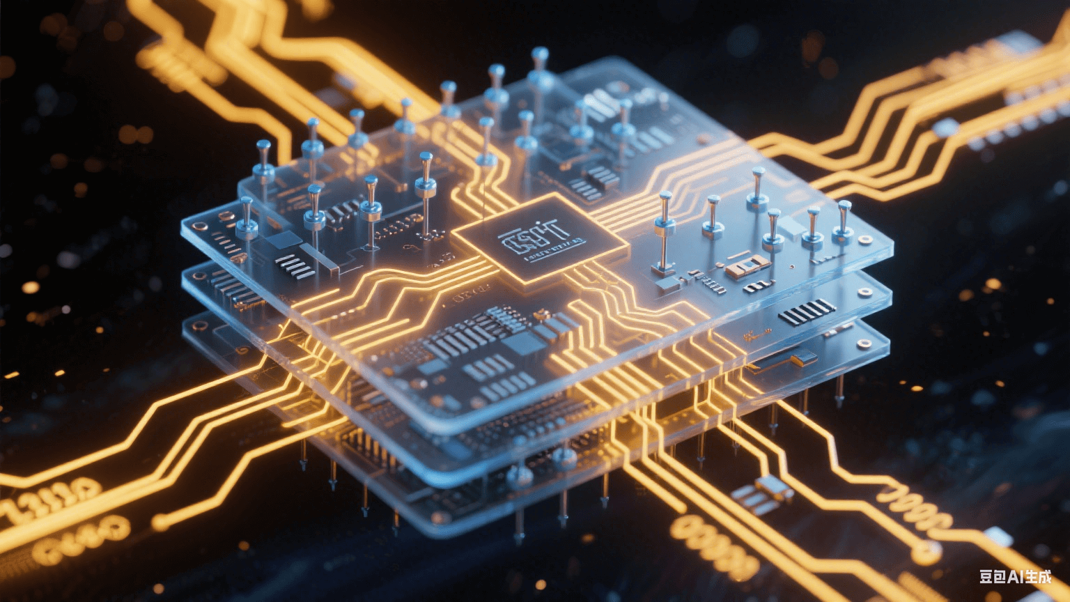 多層電路板信號傳輸系統(tǒng)：0.05mm線寬金色電路通道中脈沖電流流動，冰藍(lán)色探針陣列精準(zhǔn)接觸納米焊盤，-40℃至125℃溫標(biāo)環(huán)包裹的極端環(huán)境測試場景