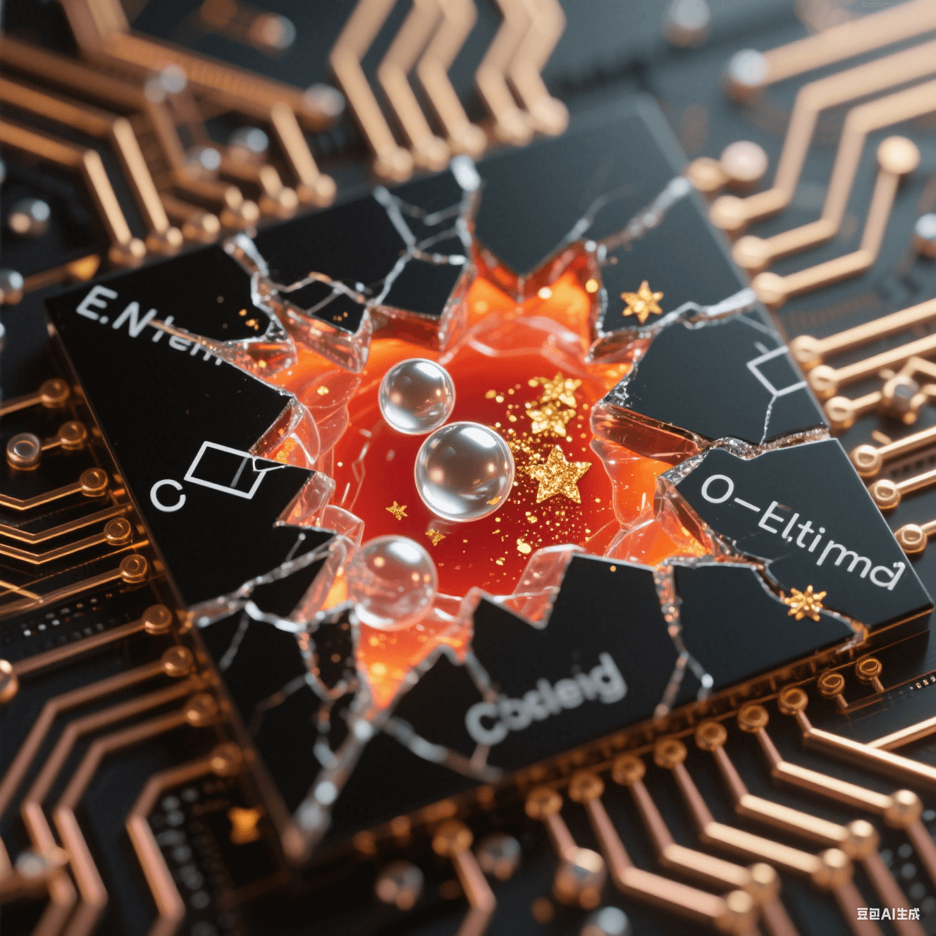 黑色電路裂紋中透明微膠囊破裂釋放液態銀球與金粉,橙紅聚合光暈沿銅網格擴散 黑色電路裂紋中透明微膠囊破裂釋放液態銀球與金粉,橙紅聚合光暈沿銅網格擴散