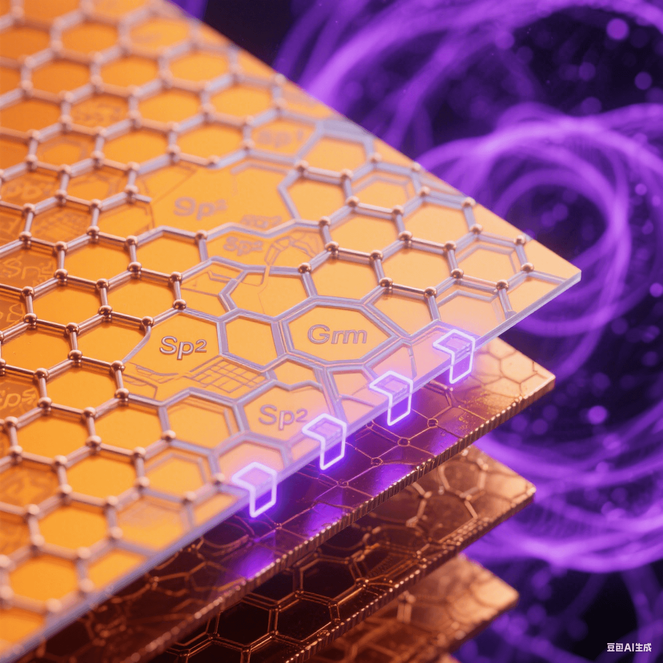 透射電鏡風格界面層:橙黃銅晶格表面覆蓋碳六邊形網絡,鍵合處泛藍紫量子輝光,深紫電子云背景 透射電鏡風格界面層:橙黃銅晶格表面覆蓋碳六邊形網絡,鍵合處泛藍紫量子輝光,深紫電子云背景