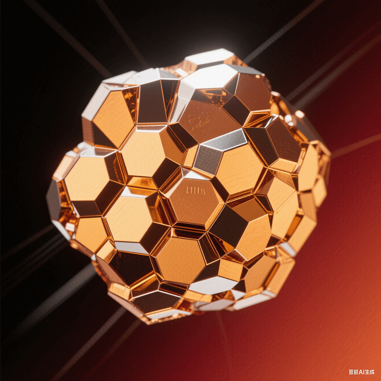 藝術化銅晶體顯微圖:暖金色等軸晶粒緊密鑲嵌,六邊形晶面反射定向光束,深紅背景強化金屬晶界光澤 藝術化銅晶體顯微圖:暖金色等軸晶粒緊密鑲嵌,六邊形晶面反射定向光束,深紅背景強化金屬晶界光澤