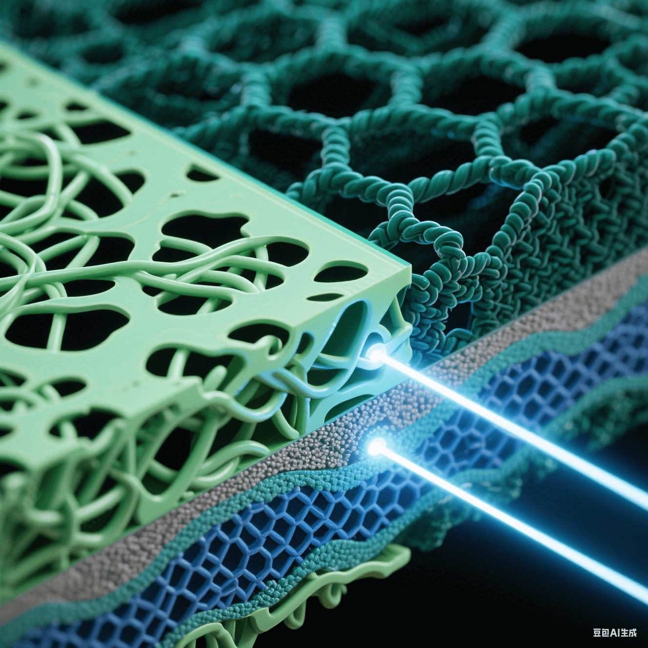 納米級樹脂剖面藝術圖:左側淺綠松散分子鏈含黑色孔隙,右側墨綠致密交聯網絡呈剛性六邊形,青白紫外光束穿透層間 納米級樹脂剖面藝術圖:左側淺綠松散分子鏈含黑色孔隙,右側墨綠致密交聯網絡呈剛性六邊形,青白紫外光束穿透層間