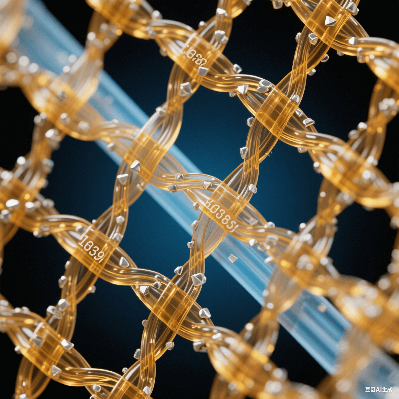 透明玻璃纖維束嵌入琥珀色環氧樹脂網格,表面附著銀白色納米顆粒,冷藍背光突顯三維網狀復合結構 透明玻璃纖維束嵌入琥珀色環氧樹脂網格,表面附著銀白色納米顆粒,冷藍背光突顯三維網狀復合結構