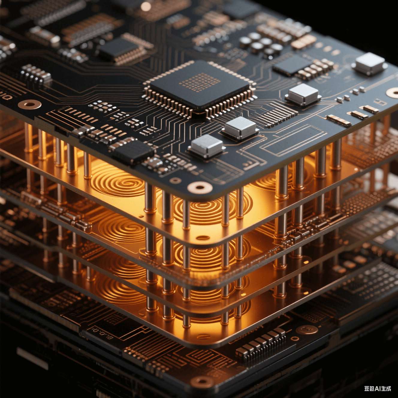 電鏡級HDI板3D堆疊截面，銀灰陶瓷電容嵌入層間介質，螺旋銅孔與散熱銅柱展現2.5D封裝材料界面科學