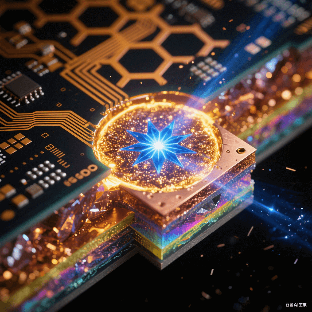 超流體動力學渲染的多層HDI板4D集成概念，液態光子流在透明基板立體通道穿行，鉆石微粒元件自組裝，詮釋任意層互連技術的量子級演進