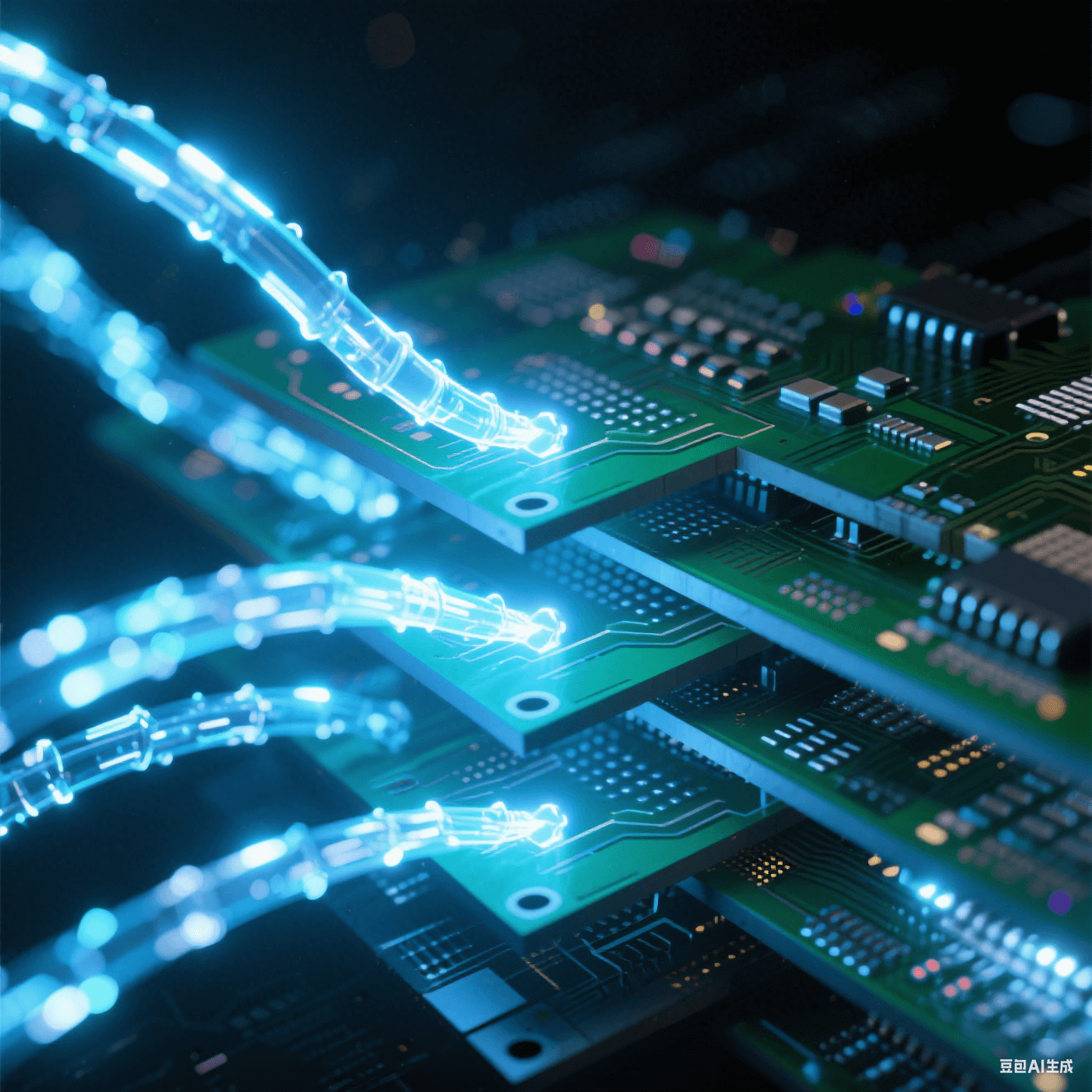 抽象光跡呈現多層電路板內部電磁脈沖流沿微孔矩陣躍遷，藍白信號束在深黑PCB截面散射虹彩，詮釋高頻高速板的信號完整性設計原理