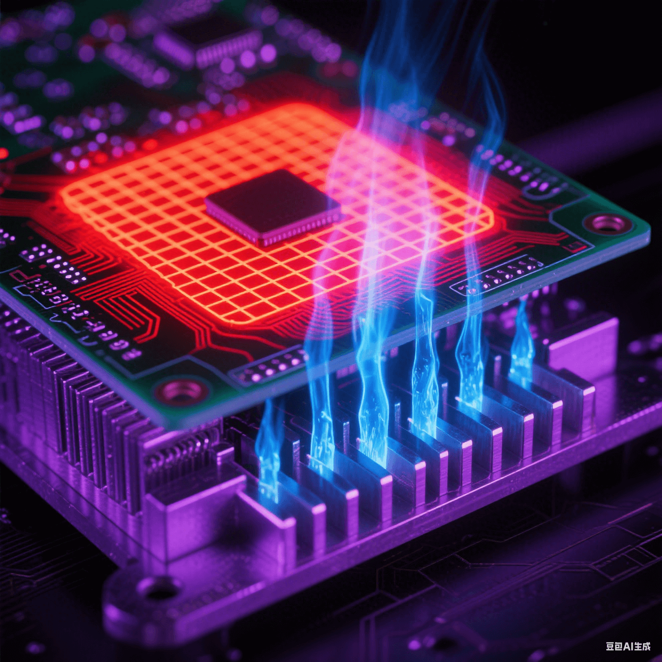 紅外視角PCB亮紅色高溫區,藍色柱狀熱過孔貫穿連接底部散熱鰭片,鋁基板泛金屬冷光,熱蒸汽在紫黑背景上升 紅外視角PCB亮紅色高溫區,藍色柱狀熱過孔貫穿連接底部散熱鰭片,鋁基板泛金屬冷光,熱蒸汽在紫黑背景上升