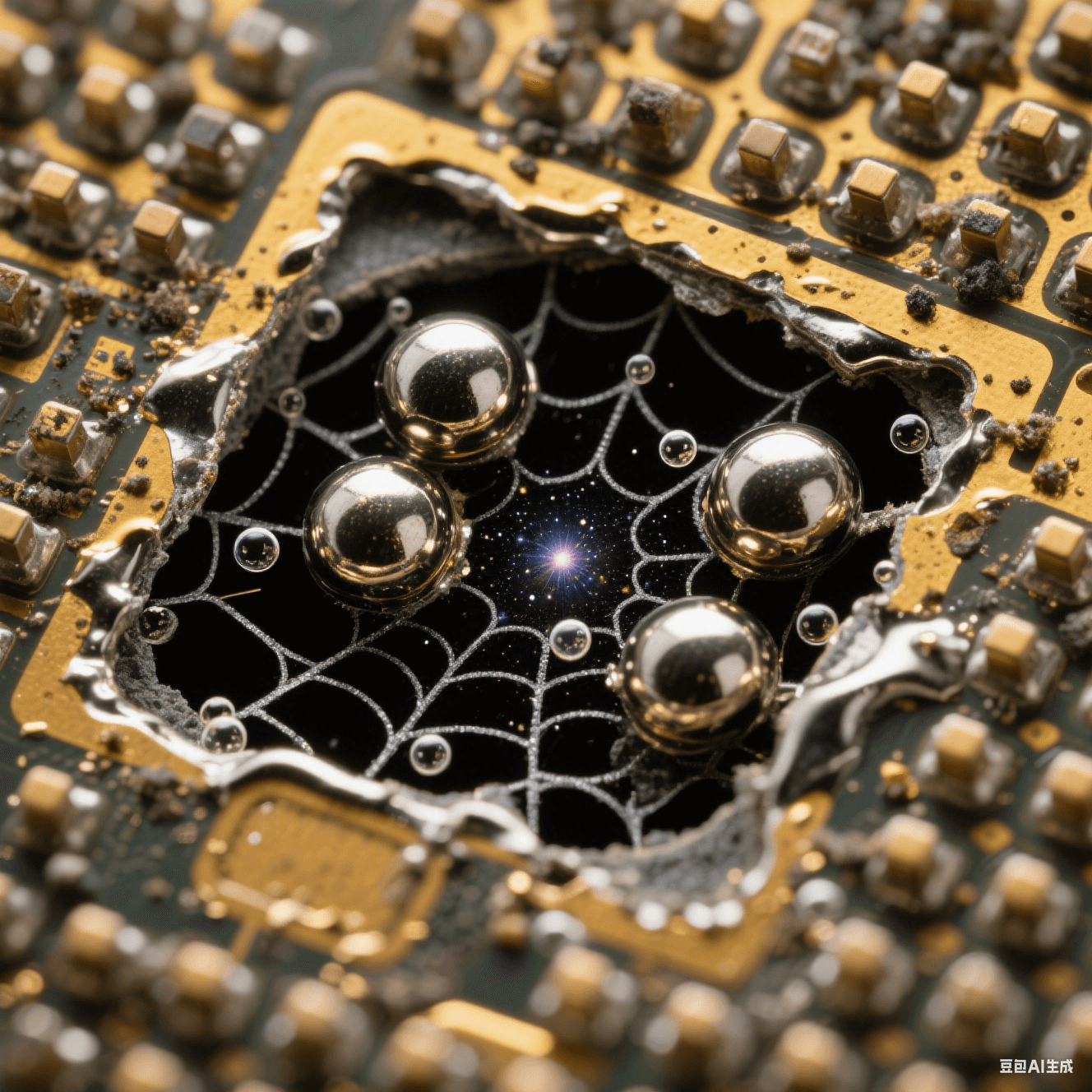 球柵陣列焊點剖開顯露黑色蛛網空洞,錫球內氣泡星云狀分布,鍍金焊盤殘留污染物,熔融焊錫鏡面反光深焦透視 球柵陣列焊點剖開顯露黑色蛛網空洞,錫球內氣泡星云狀分布,鍍金焊盤殘留污染物,熔融焊錫鏡面反光深焦透視