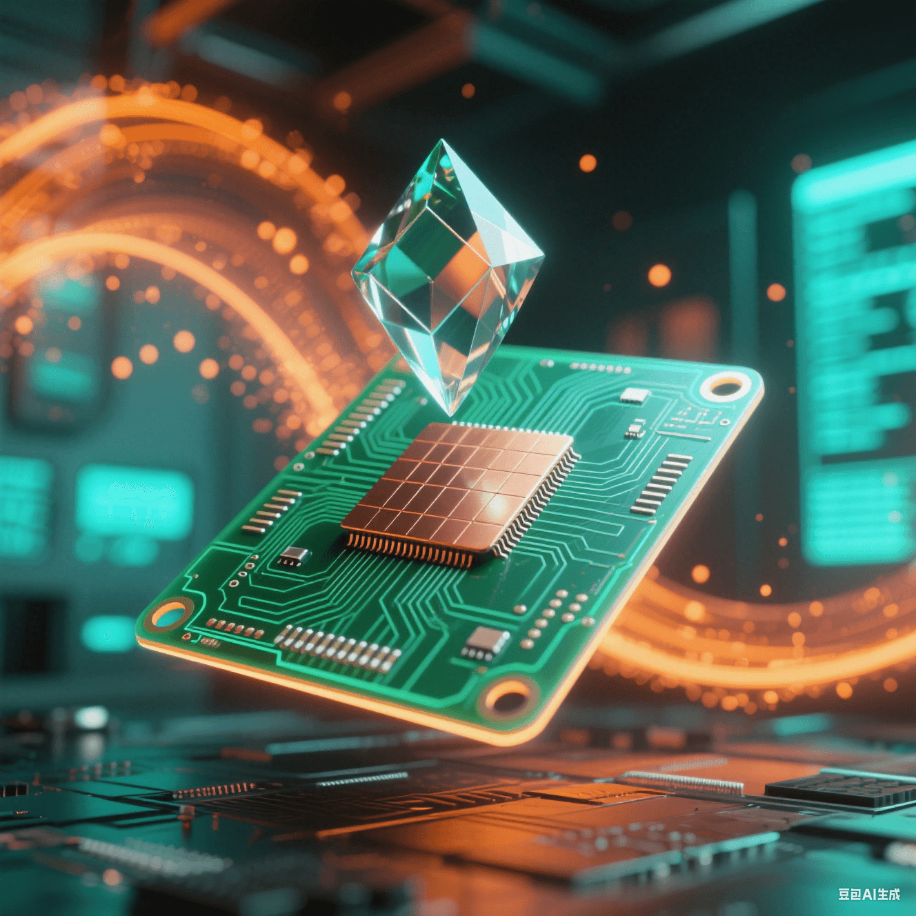 懸浮透綠PCB被激光網格掃描,交匯點凝結飄浮菱形水晶,銅厚光帶投射陰影,霓虹粒子流抽象數據庫青橙光霧彌漫 懸浮透綠PCB被激光網格掃描,交匯點凝結飄浮菱形水晶,銅厚光帶投射陰影,霓虹粒子流抽象數據庫青橙光霧彌漫