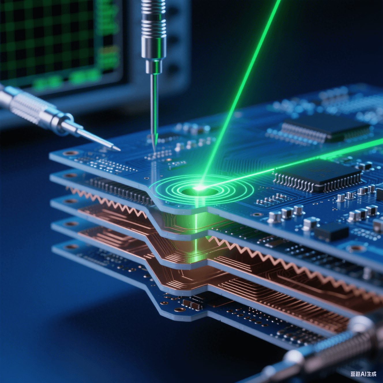 透明多層PCB剖面鋸齒銅層結構,綠色激光在過孔處反射形成漩渦,銀色探針接觸測試點,鈷藍背景虛化示波網格 透明多層PCB剖面鋸齒銅層結構,綠色激光在過孔處反射形成漩渦,銀色探針接觸測試點,鈷藍背景虛化示波網格
