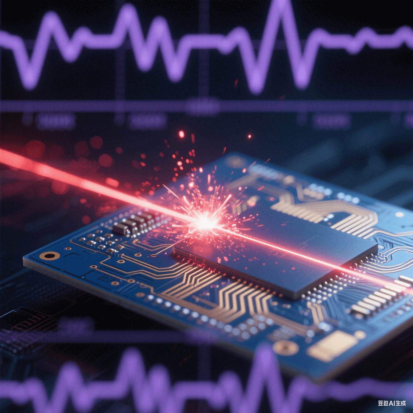 深藍色PCB上金色電路脈沖激光傳輸,末端爆裂為紅色粒子霧,背景虛化示波器波形與冷紫色工業激光束,高對比玻璃纖維紋理微觀呈現 深藍色PCB上金色電路脈沖激光傳輸,末端爆裂為紅色粒子霧,背景虛化示波器波形與冷紫色工業激光束,高對比玻璃纖維紋理微觀呈現