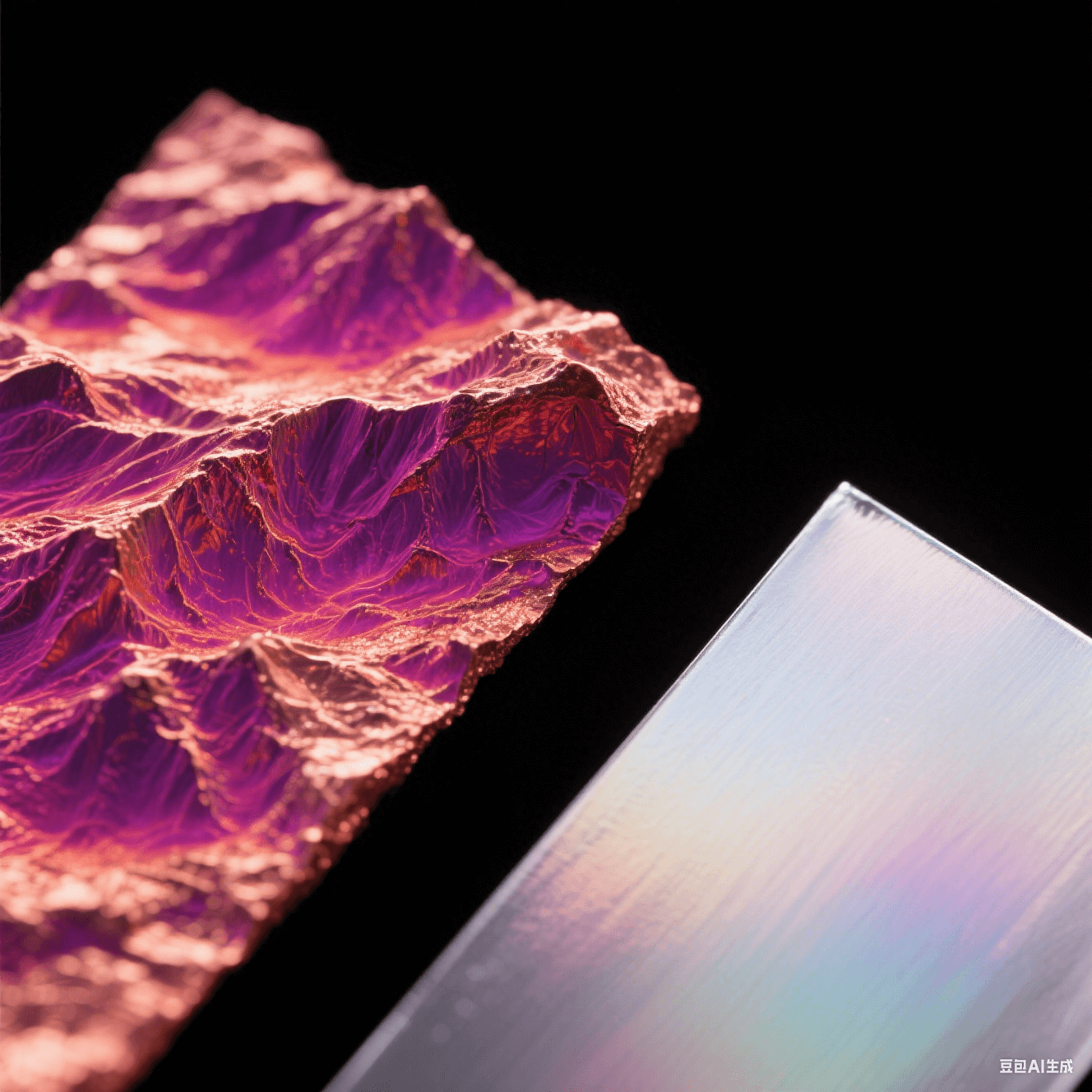 電子顯微鏡下粗糙與光滑銅箔對比,紫紅熱力圖標示局部高溫,冷銀色鍍層泛虹彩光澤,黑色背景突顯微觀表面結構 電子顯微鏡下粗糙與光滑銅箔對比,紫紅熱力圖標示局部高溫,冷銀色鍍層泛虹彩光澤,黑色背景突顯微觀表面結構