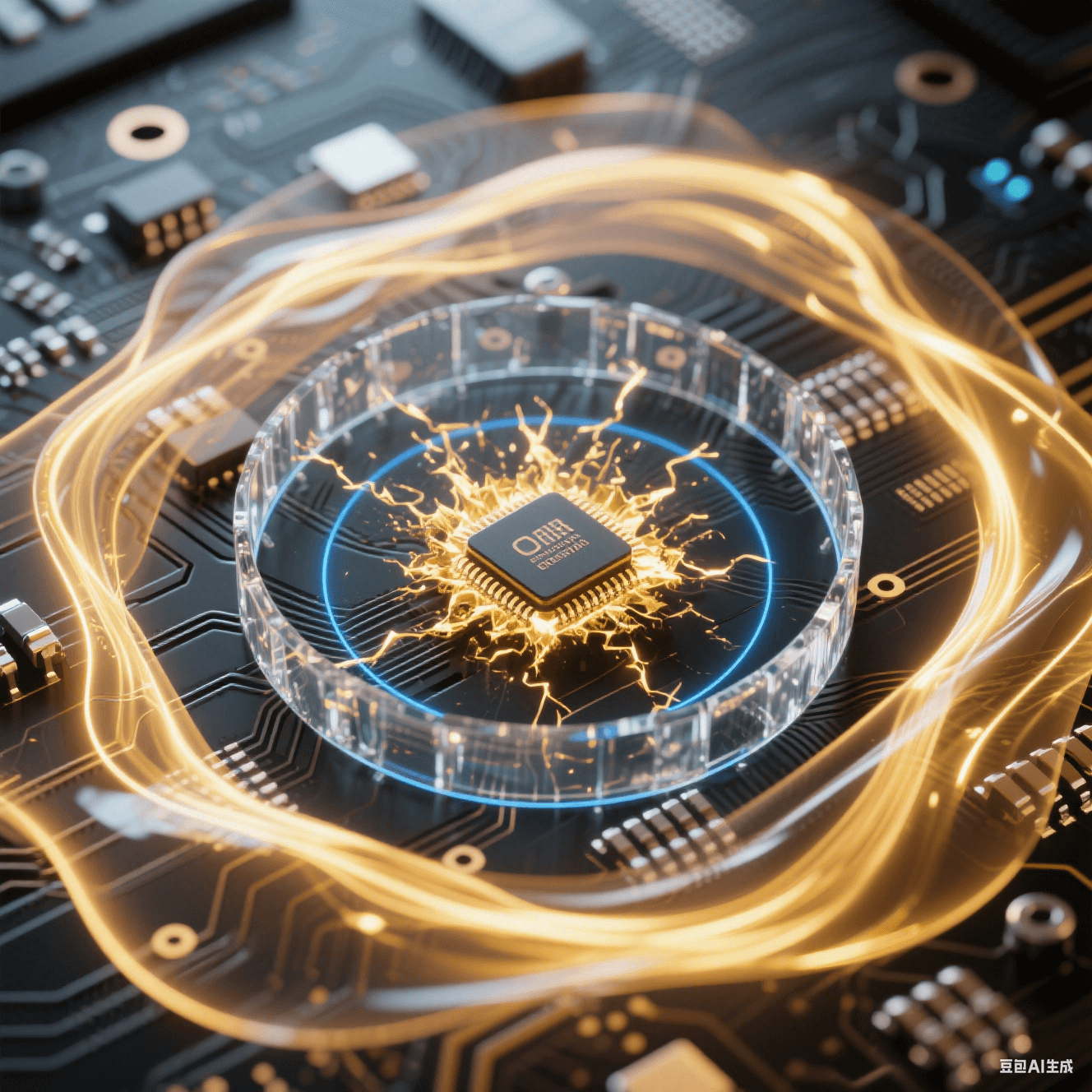 黑色PCB芯片爆發環狀金色能量波形成閉合光環,透明水晶屏障截斷路徑,藍色同心圓阻尼波從電容區擴散 黑色PCB芯片爆發環狀金色能量波形成閉合光環,透明水晶屏障截斷路徑,藍色同心圓阻尼波從電容區擴散