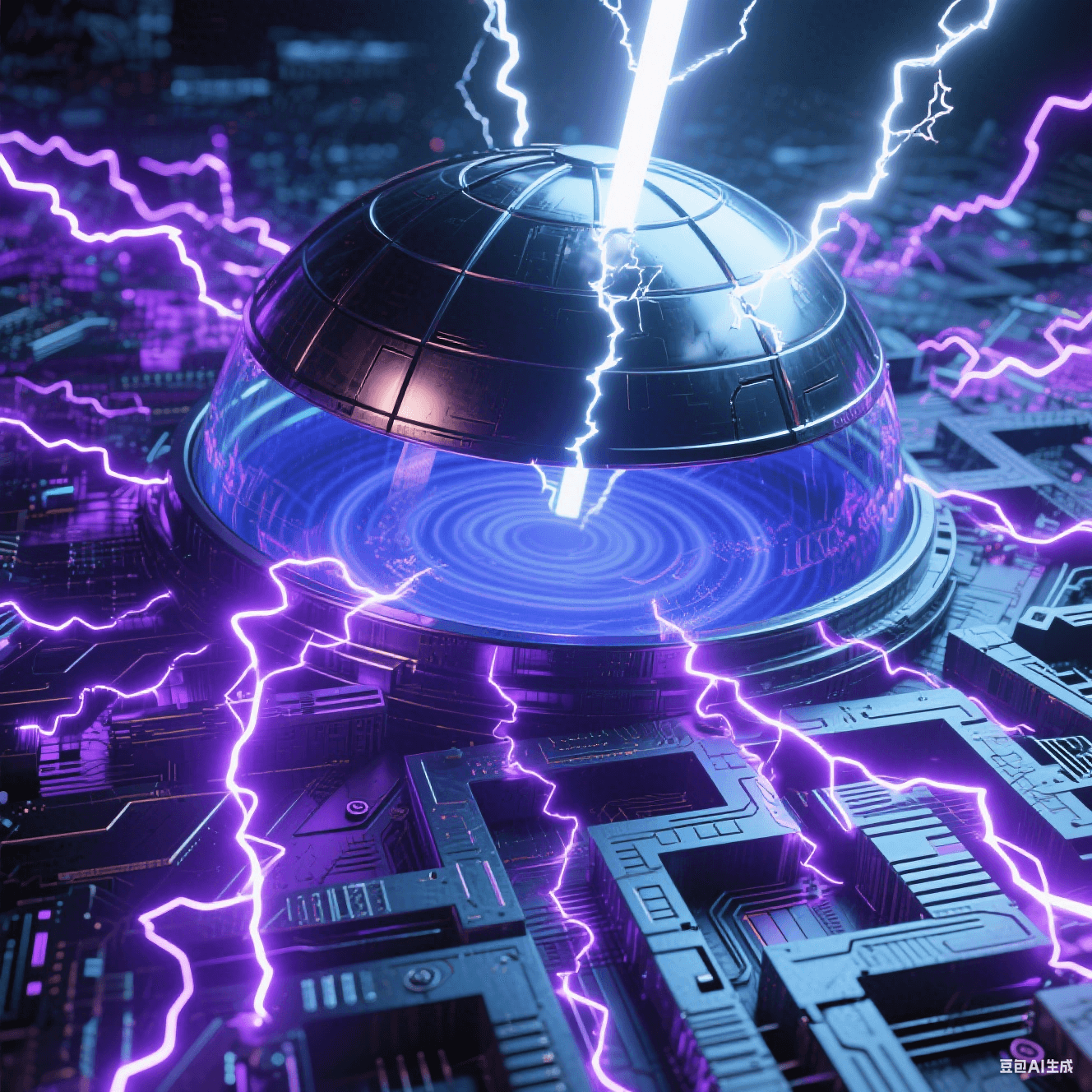 密集紫色電弧在電路間跳躍,金屬穹頂籠罩后衰減為藍色漣漪,穹頂裂縫輻射熾白光束,熔融金屬與冷電路背景碰撞 密集紫色電弧在電路間跳躍,金屬穹頂籠罩后衰減為藍色漣漪,穹頂裂縫輻射熾白光束,熔融金屬與冷電路背景碰撞