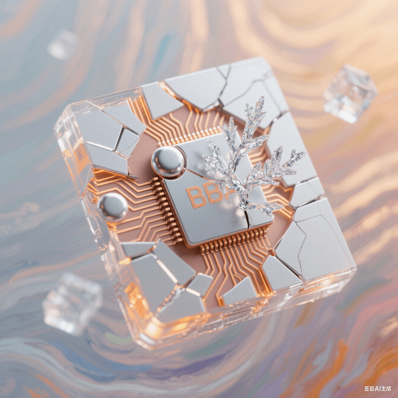 銀白色 BGA 焊球裂痕內生長冰晶錫枝,暖橙光霧暈染邊緣,漸變背景呈莫奈風格,半透明幾何體與光絲矩陣構成的幾何解構畫面 銀白色 BGA 焊球裂痕內生長冰晶錫枝,暖橙光霧暈染邊緣,漸變背景呈莫奈風格,半透明幾何體與光絲矩陣構成的幾何解構畫面