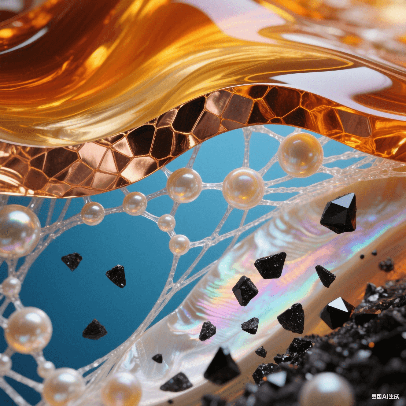 琥珀色樹脂與鎏金銅箔分離,層間涌出珍珠母貝氣泡,玻璃纖維化作發光絲線,藍橙熱應力波與虹光結晶交織的動力學美學場景 琥珀色樹脂與鎏金銅箔分離,層間涌出珍珠母貝氣泡,玻璃纖維化作發光絲線,藍橙熱應力波與虹光結晶交織的動力學美學場景