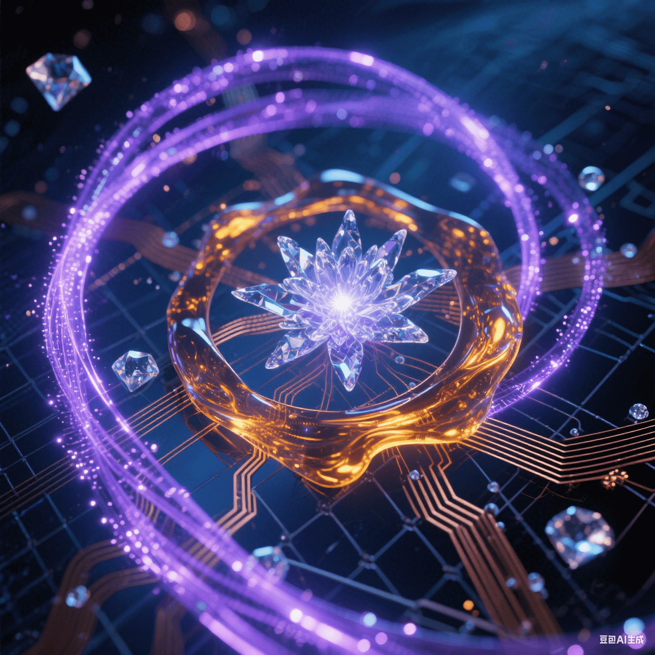 幽藍色玻纖上琥珀樹脂流淌液態光影,紫色離子粒子流在納米縫隙舞動成星系漩渦,光導纖維網絡故障點綻放水晶能量花簇的光影藝術表現 幽藍色玻纖上琥珀樹脂流淌液態光影,紫色離子粒子流在納米縫隙舞動成星系漩渦,光導纖維網絡故障點綻放水晶能量花簇的光影藝術表現