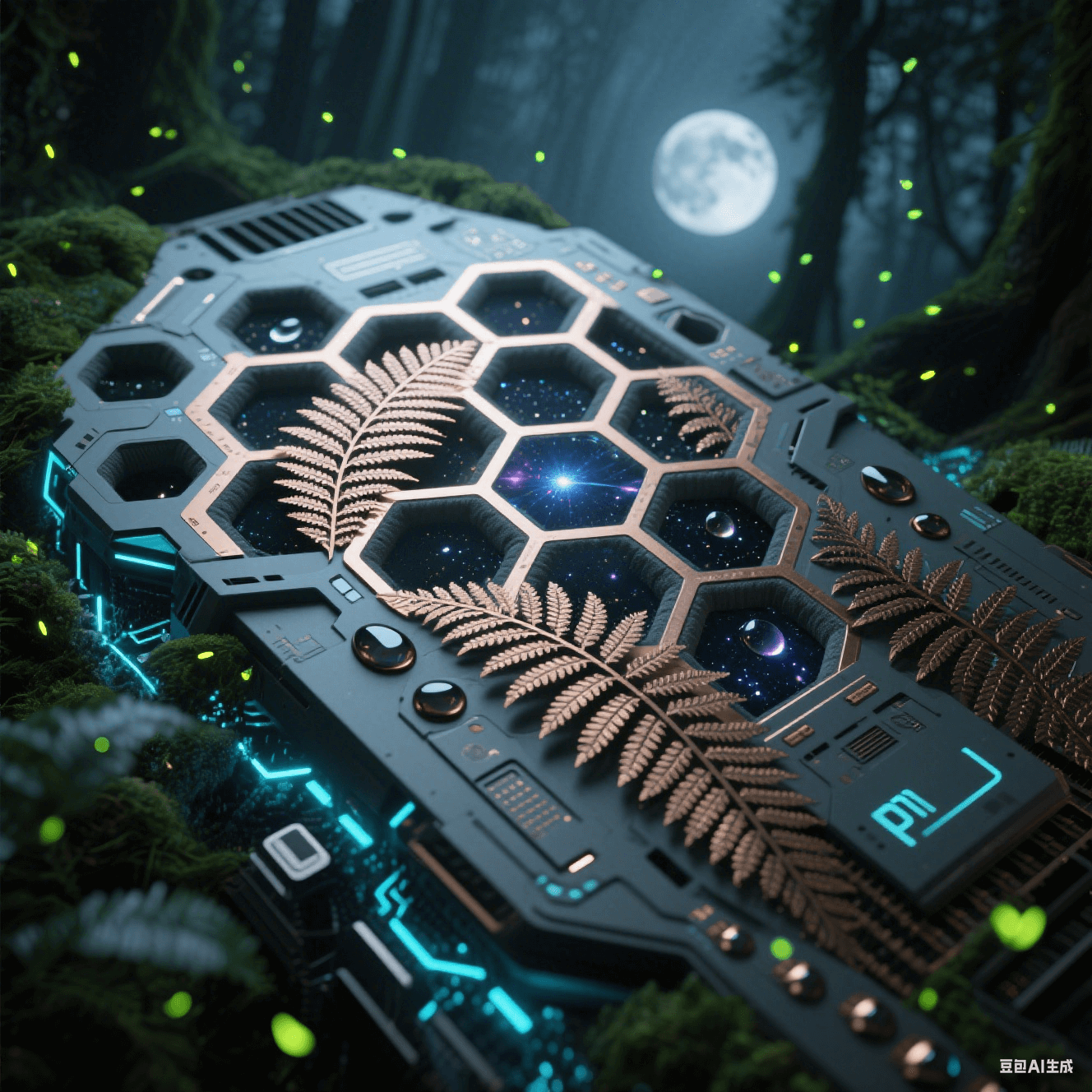 蜂巢結構 PTFE 核心流淌銀河光脈,銅箔生長蕨葉狀散熱紋,液態金屬焊盤與全息粒子嵌入碳灰緩沖層,月光森林氛圍中飄著螢火蟲光點的未來生態畫面 蜂巢結構 PTFE 核心流淌銀河光脈,銅箔生長蕨葉狀散熱紋,液態金屬焊盤與全息粒子嵌入碳灰緩沖層,月光森林氛圍中飄著螢火蟲光點的未來生態畫面