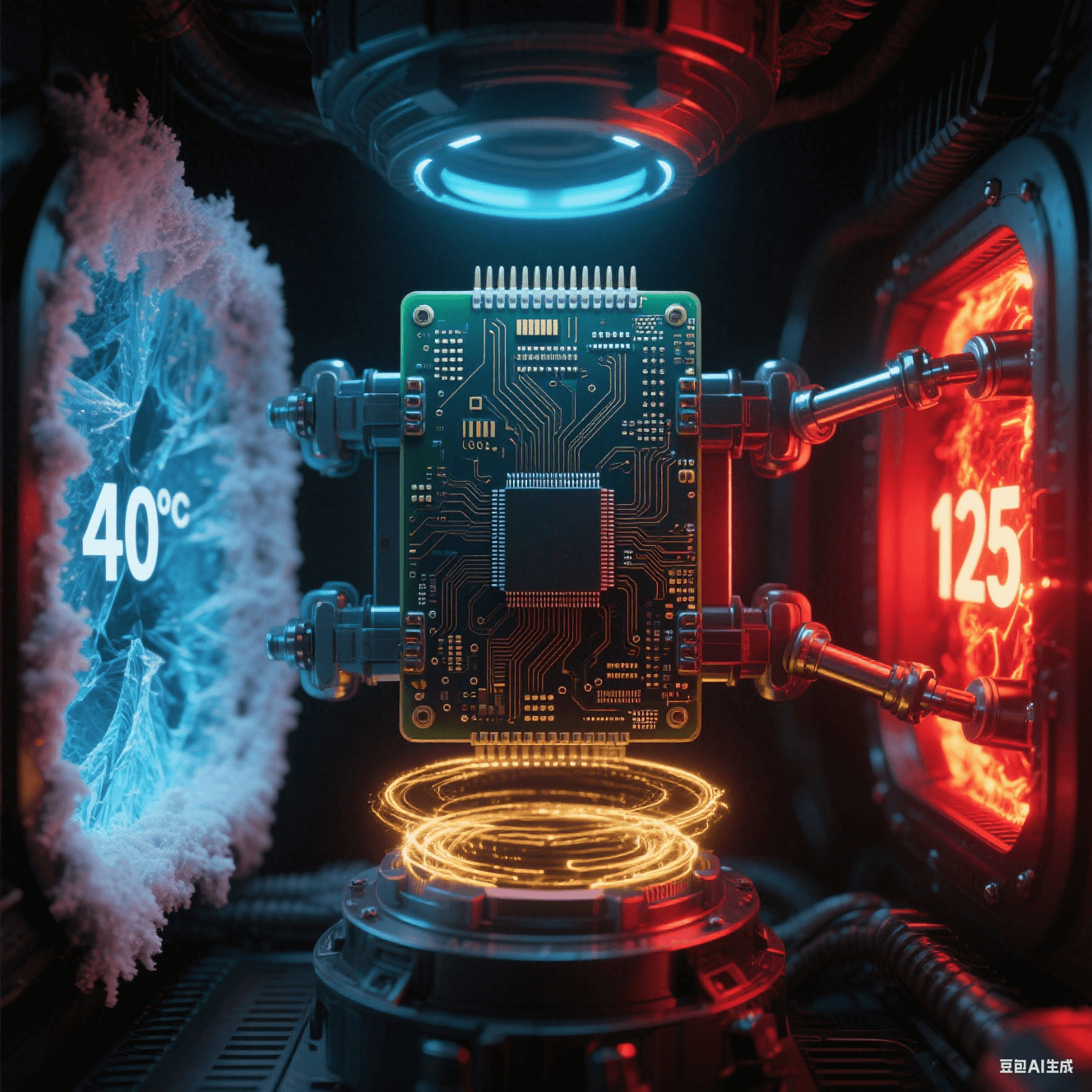 電路板極端環境測試艙 - 左側 - 40℃冰藍色結霜區域 - 右側 125℃熾熱發紅焊點 - 中央板體機械振動 - 應力釋放槽周圍金色能量漣漪 - 全黑背景紅光藍光照明 電路板極端環境測試艙 - 左側 - 40℃冰藍色結霜區域 - 右側 125℃熾熱發紅焊點 - 中央板體機械振動 - 應力釋放槽周圍金色能量漣漪 - 全黑背景紅光藍光照明