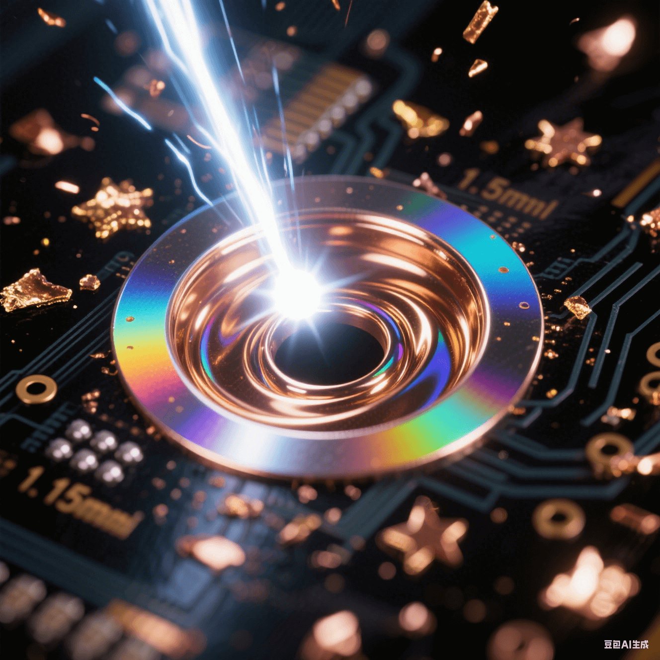 激光鉆孔微距視角 - 紫外激光束聚焦 0.15mm 孔徑 - 熾白能量光斑 - 孔壁鏡面拋光反射七彩虹光 - 深空黑背景 - 金色銅屑星塵 - 孔內化學鍍銅液液態金屬漩渦 激光鉆孔微距視角 - 紫外激光束聚焦 0.15mm 孔徑 - 熾白能量光斑 - 孔壁鏡面拋光反射七彩虹光 - 深空黑背景 - 金色銅屑星塵 - 孔內化學鍍銅液液態金屬漩渦